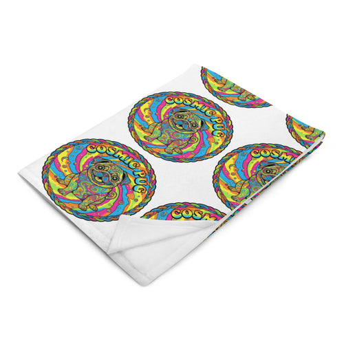 Leaky ts Cosmic Pug throw blanket featuring a colorful pug design, 50x60 inches, soft and cozy for lounging.