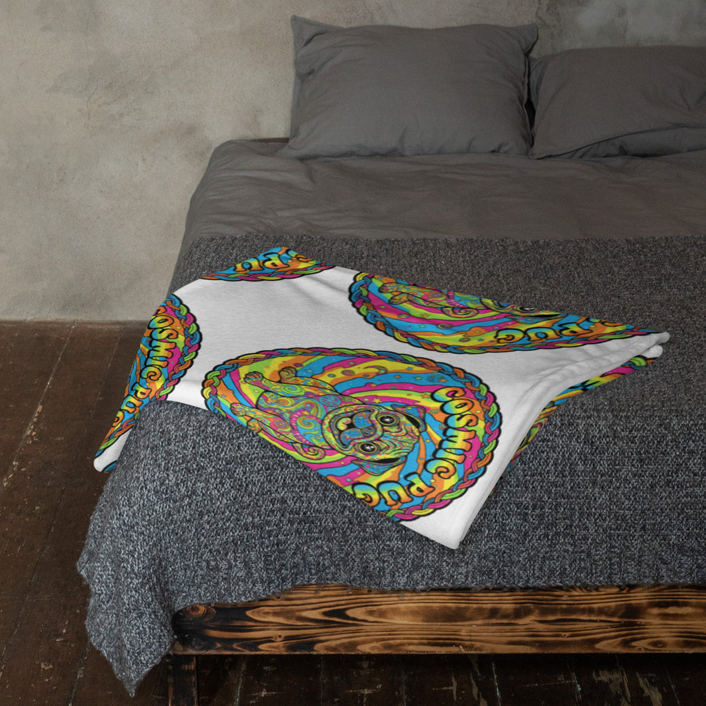 Leaky ts Cosmic Pug throw blanket in 50x60 inches featuring a cosmic pug design on soft fabric.