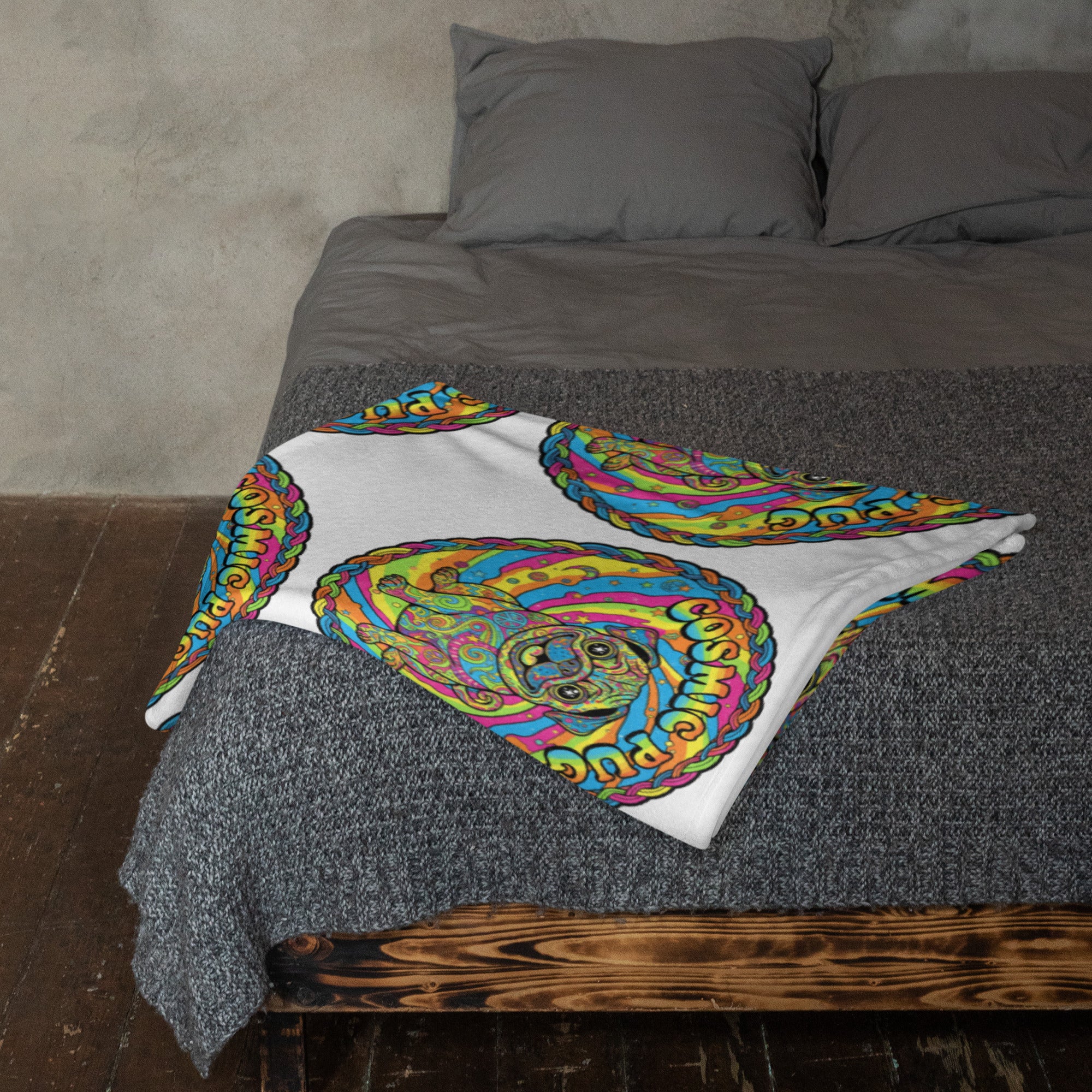 Leaky ts Cosmic Pug throw blanket in 50x60 inches featuring a cosmic pug design on soft fabric.