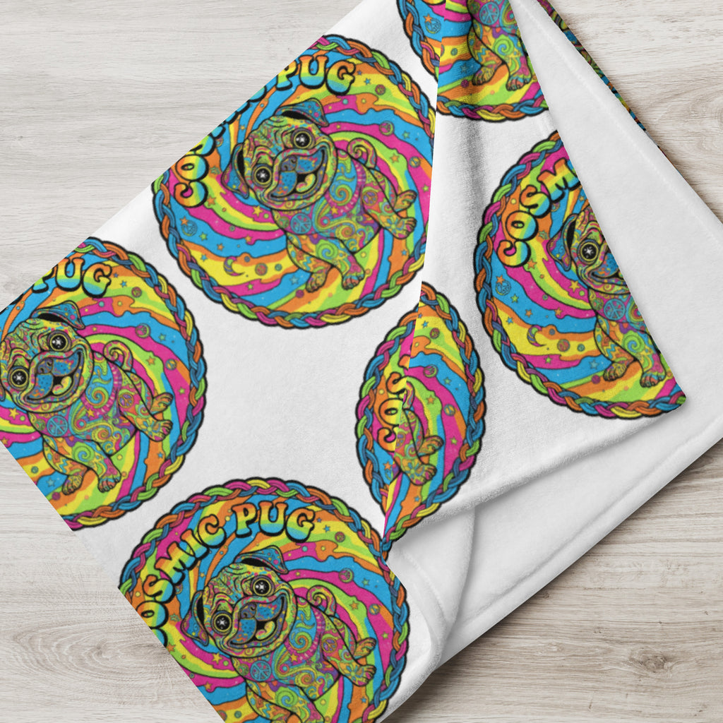 Leaky ts Cosmic Pug throw blanket featuring a celestial pug design, cozy 50x60-inch plush blanket for home decor and comfort.