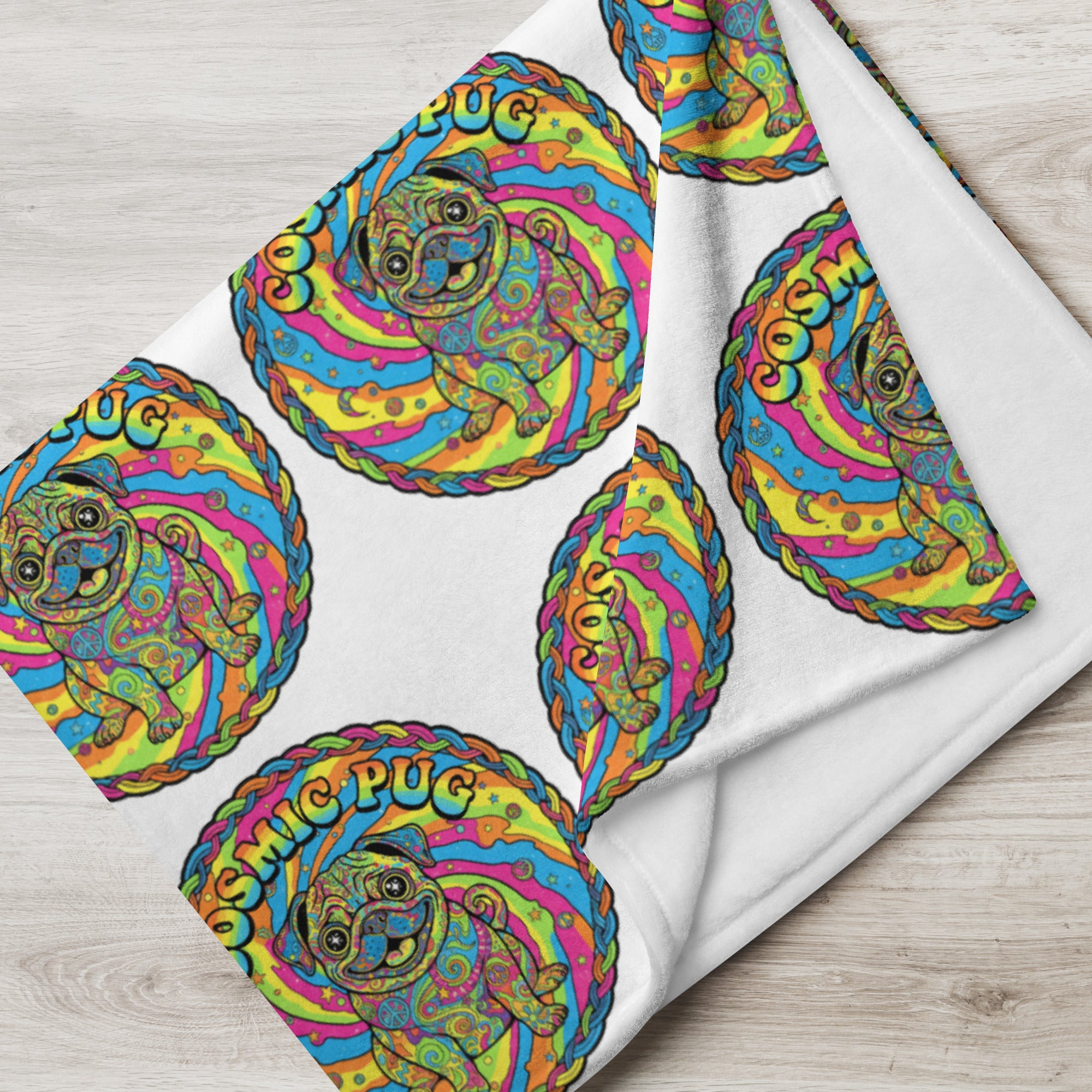 Leaky ts Cosmic Pug throw blanket featuring a celestial pug design, cozy 50x60-inch plush blanket for home decor and comfort.