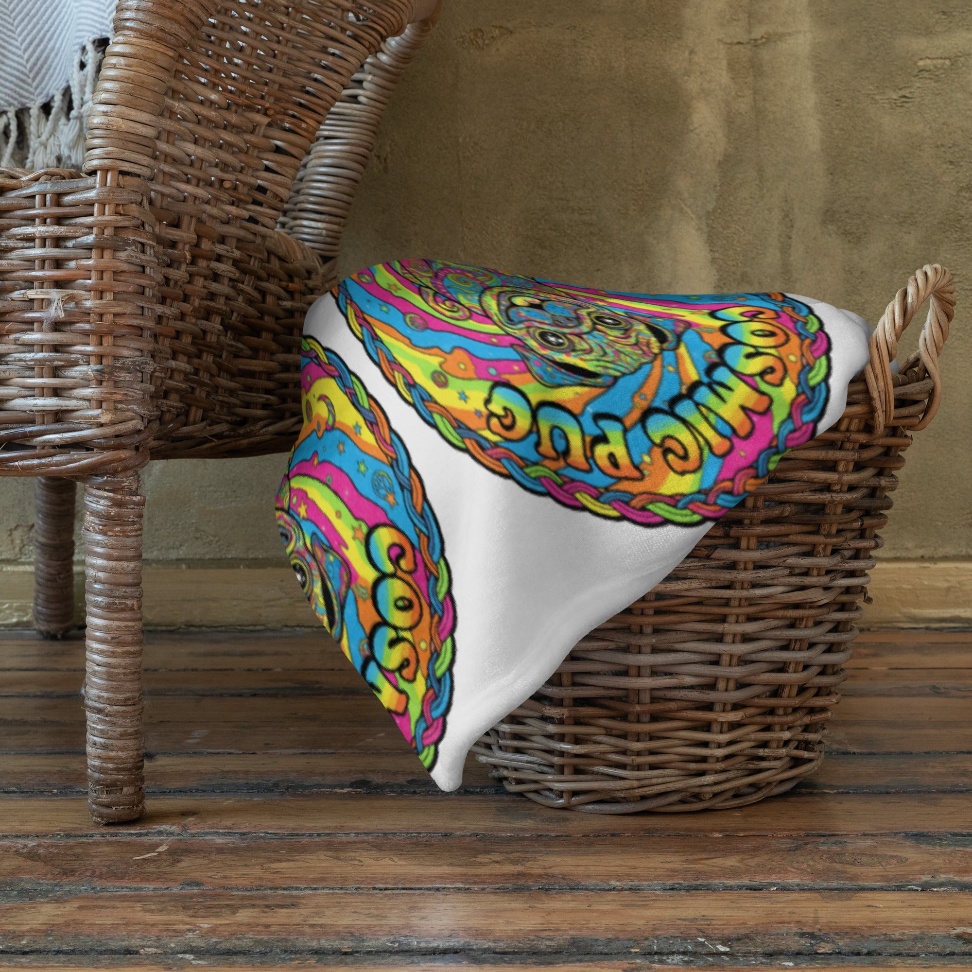 Leaky ts Cosmic Pug Throw Blanket in 50x60 inches, featuring a colorful pug design on soft, cozy fabric for lounging.