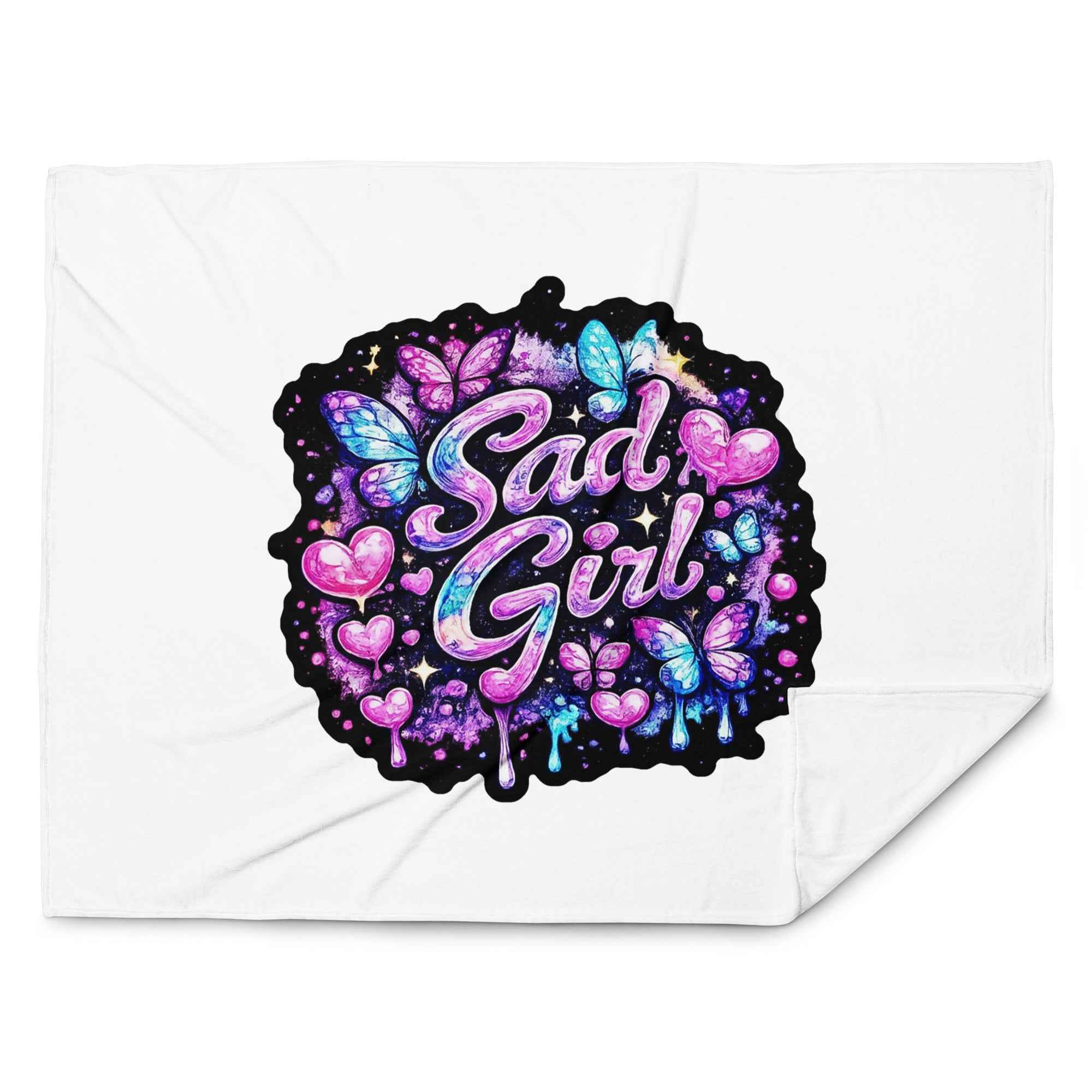 Leaky ts Sad Girl throw blanket, 60x80 inches, soft fabric with a sad girl illustration displayed on the front.