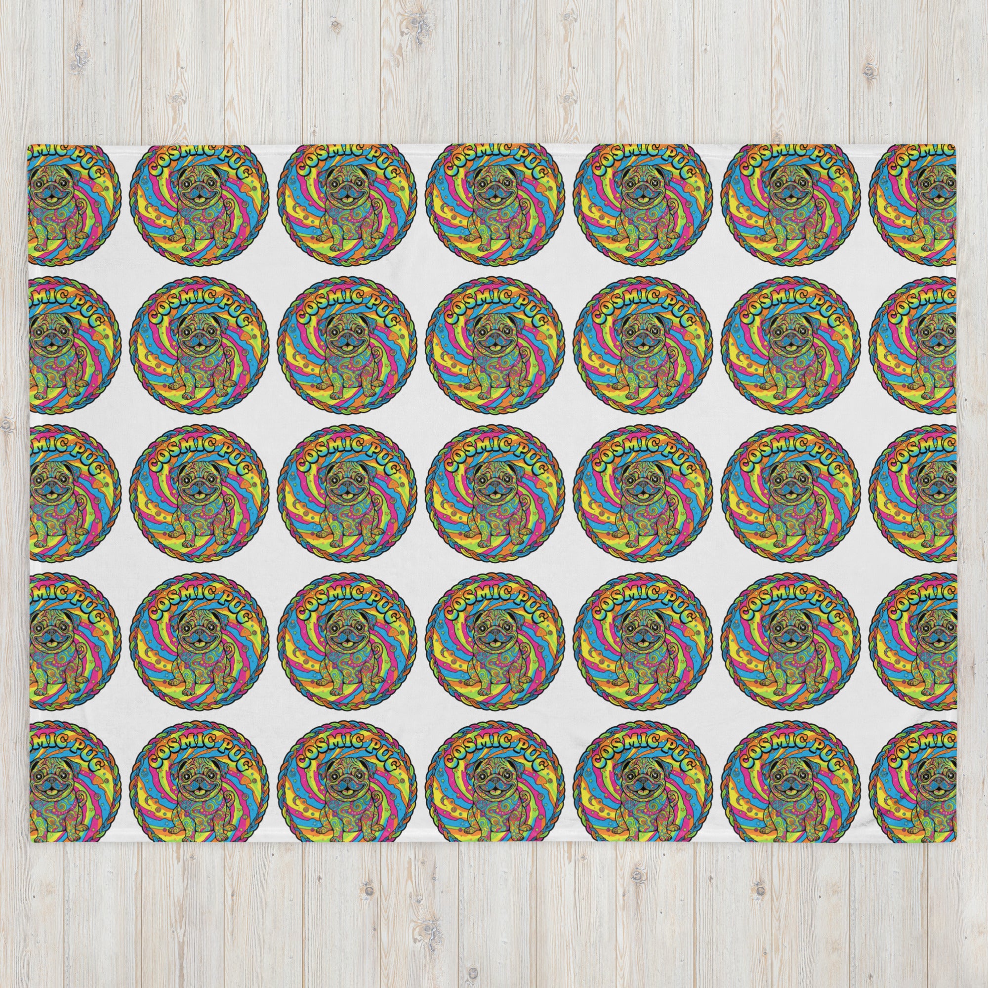 Leaky ts Cosmic Pug throw blanket with space-themed pug design, 60x80 inches, soft and cozy fabric for comfortable lounging.