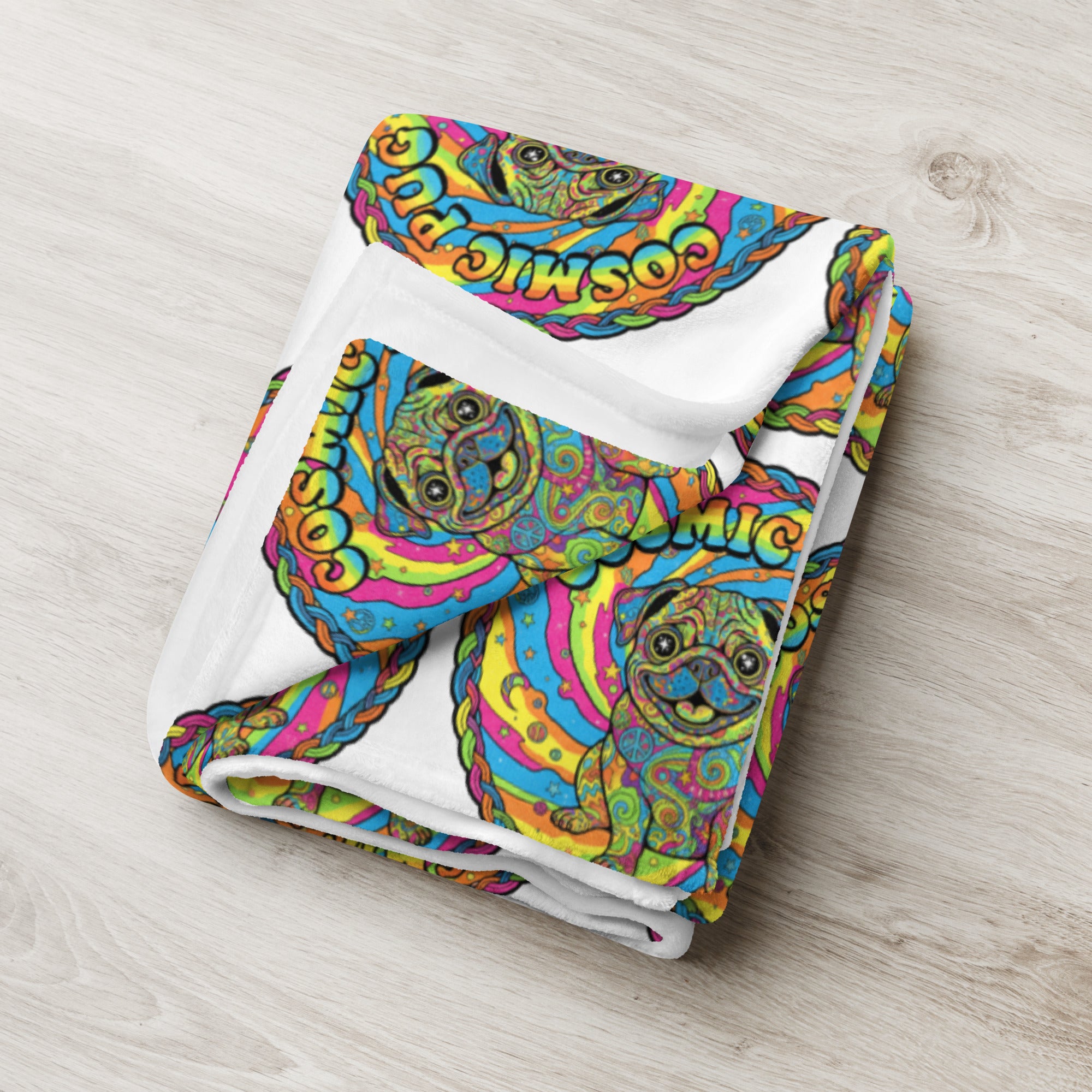 Leaky ts Cosmic Pug Throw Blanket in 60x80 inches, featuring a vibrant cosmic pug design on soft fabric.