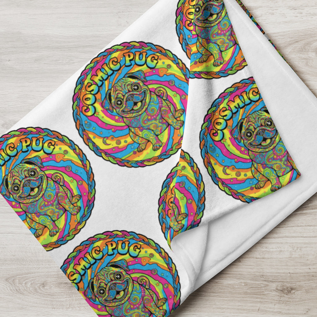 Leaky Ts Cosmic Pug throw blanket in 60x80 inches, featuring a colorful pug design on soft fabric for cozy comfort.