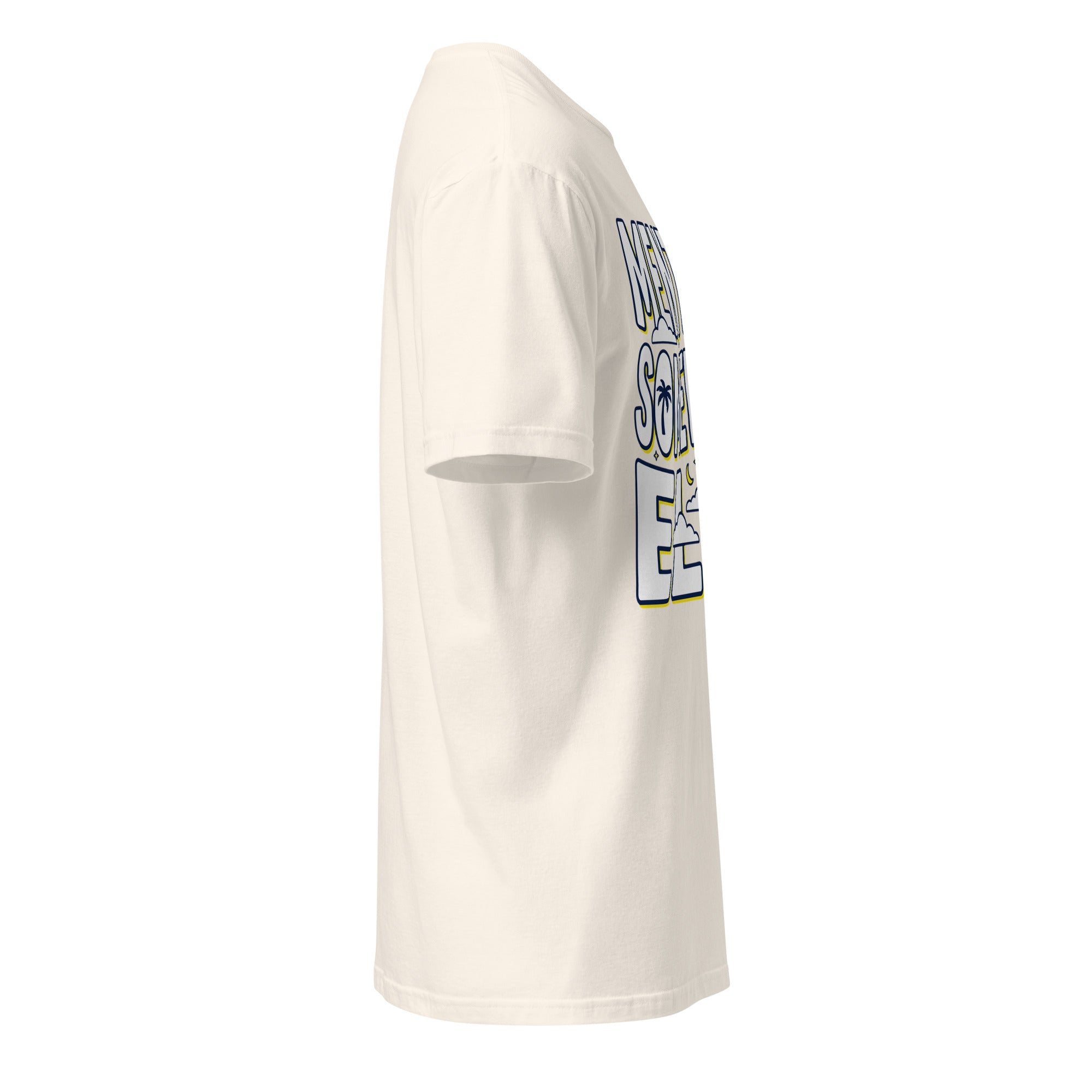 Unisex basic soft-style T-shirt by Leaky TS in natural color, shown from the side with a relaxed fit and smooth fabric.