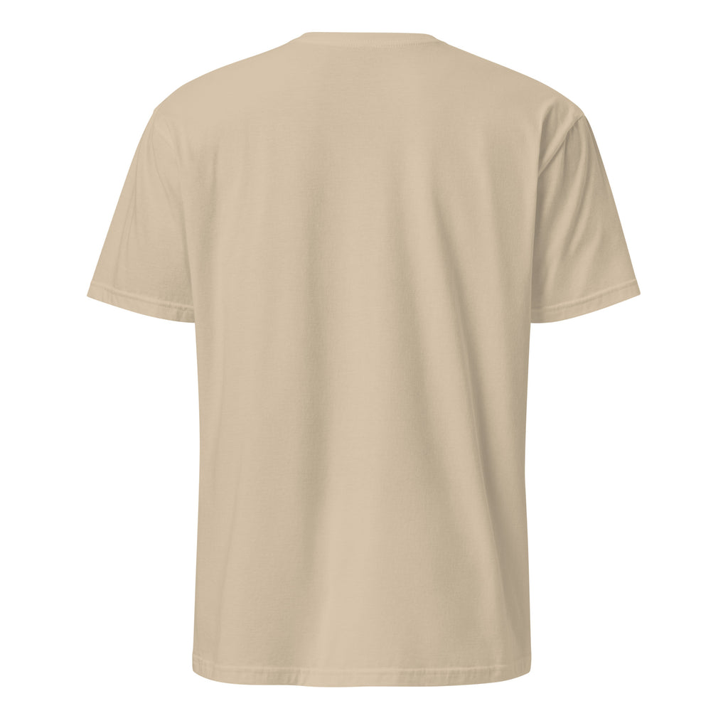 Leaky Ts Mentally Somewhere Else short-sleeve unisex T-shirt in soft sand color with cloud and brain graphic on the back.