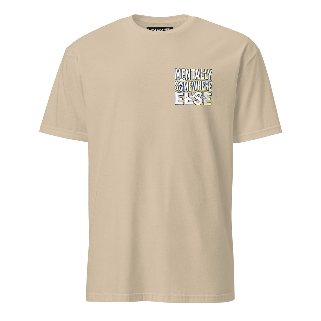 Unisex Mentally Somewhere Else T-shirt by Leaky Ts, soft sand-colored short-sleeve tee with cloud and brain graphic on front.