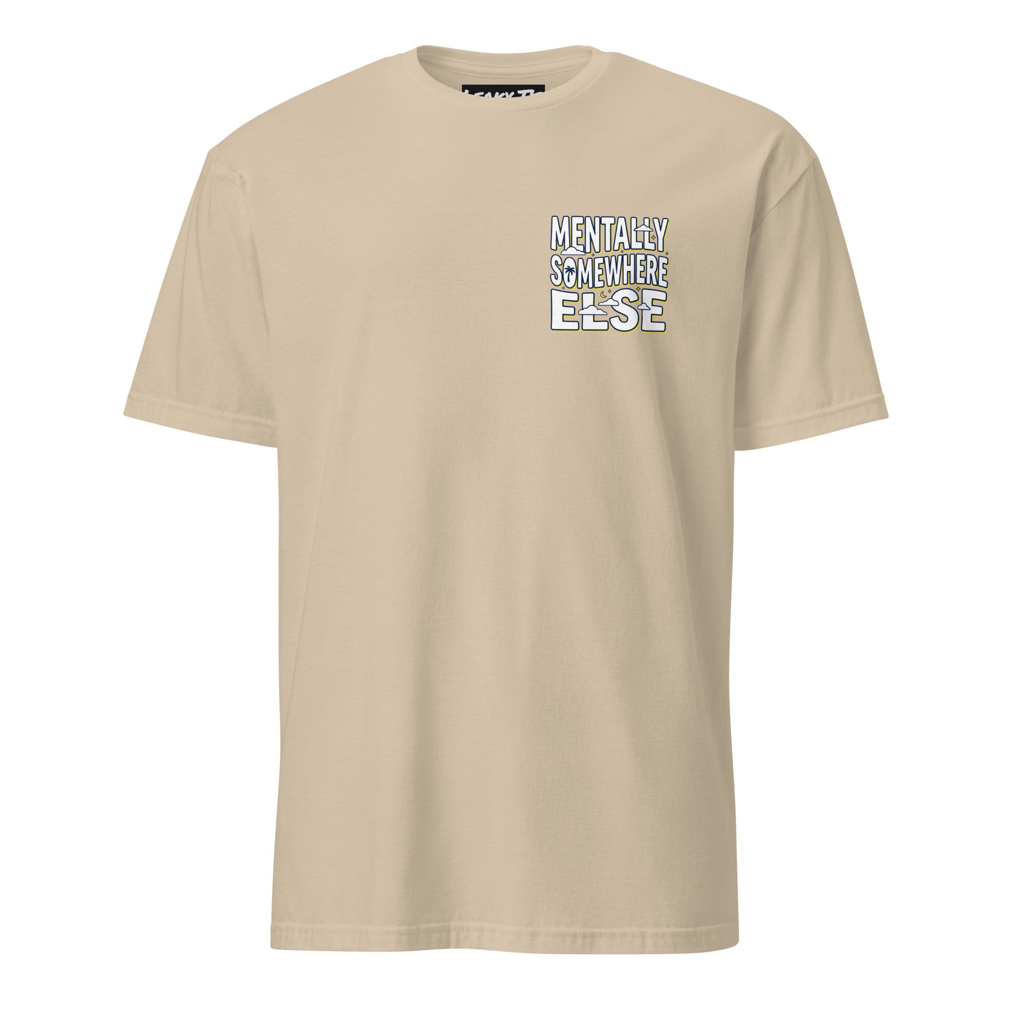 Unisex Mentally Somewhere Else T-shirt by Leaky Ts, soft sand-colored short-sleeve tee with cloud and brain graphic on front.