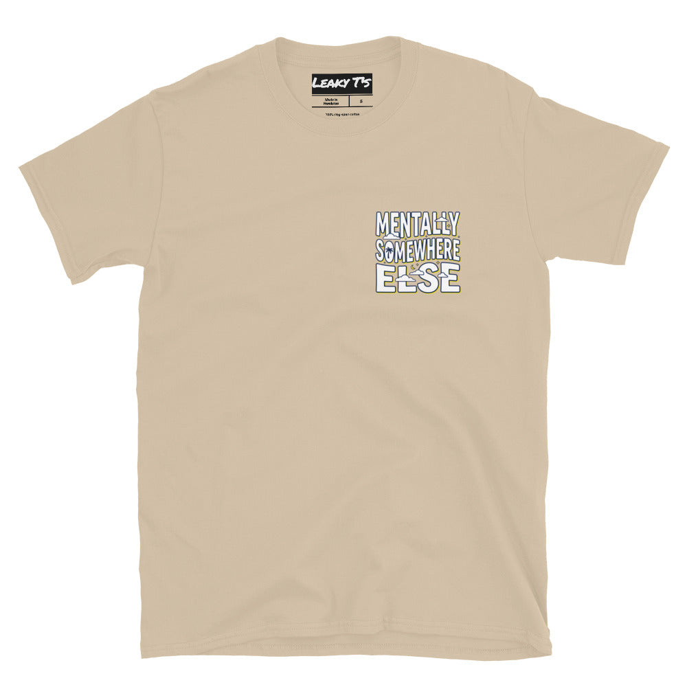 Unisex Mentally Somewhere Else T-shirt by Leaky Ts with cloud and brain graphic on soft sand-colored fabric.