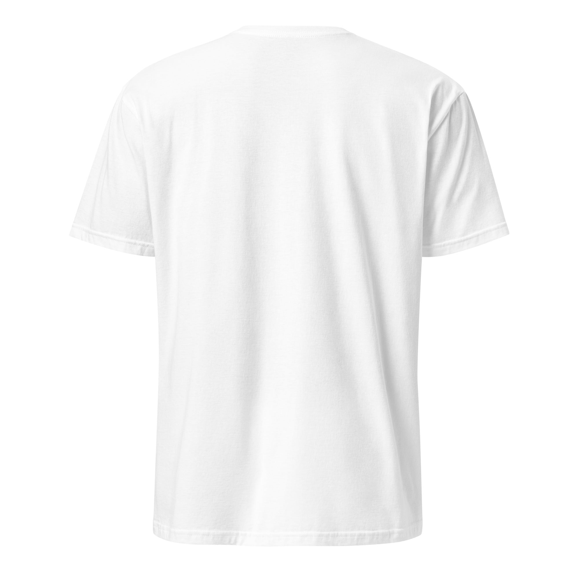 White Leaky Ts unisex Mentally Somewhere Else short-sleeve T-shirt with cloud and brain graphic, shown from the back.