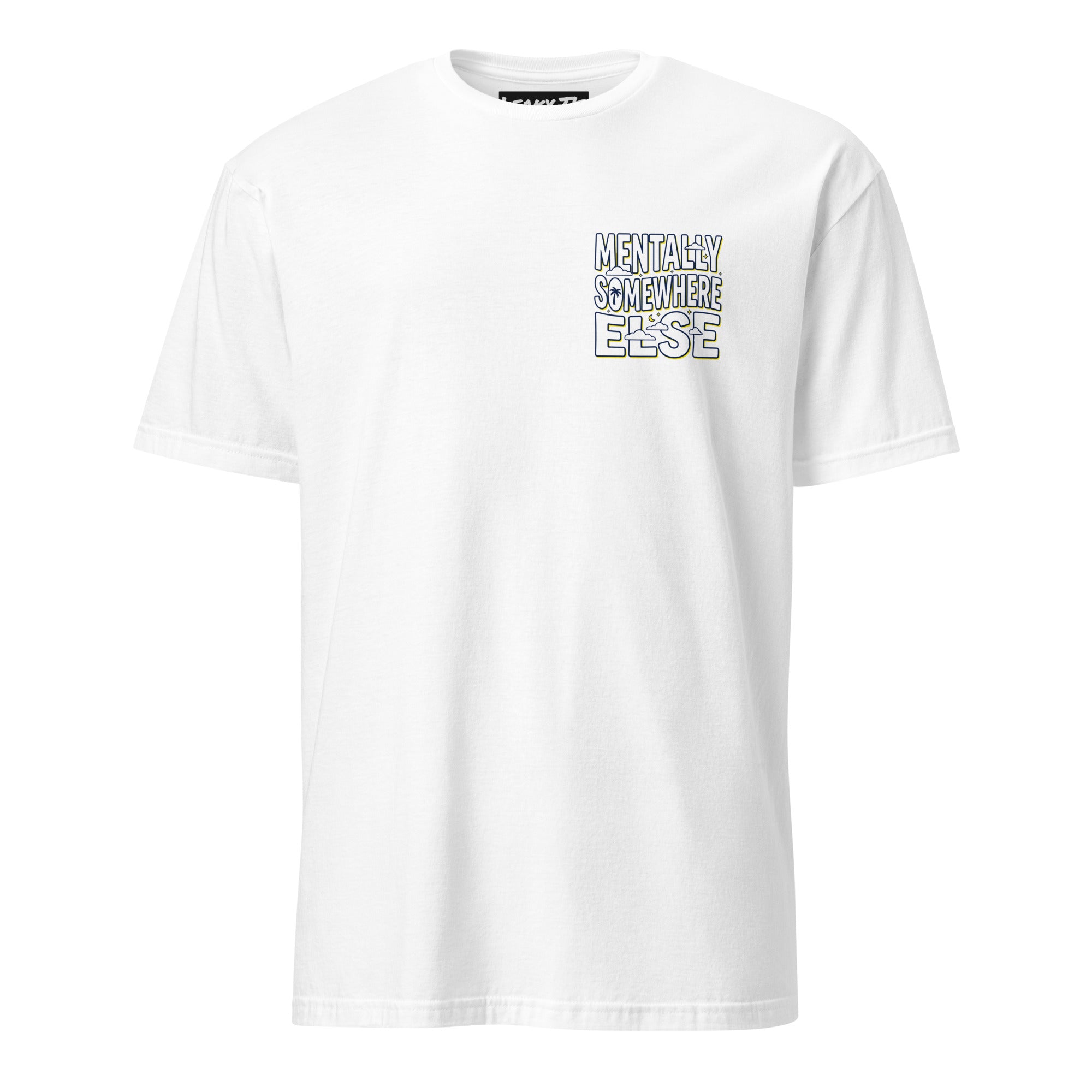 White unisex short-sleeve T-shirt by Leaky Ts featuring a relaxed fit and soft fabric with a "Mentally Somewhere Else" design on the front.