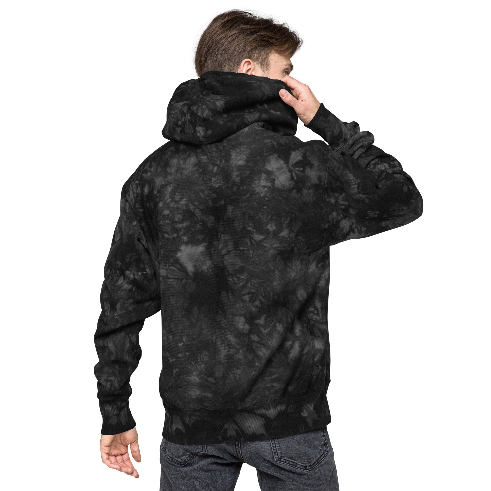 Unisex Champion Leak-Dye Hoodie in black with unique tie-dye pattern, back view showcasing casual, comfortable streetwear style.