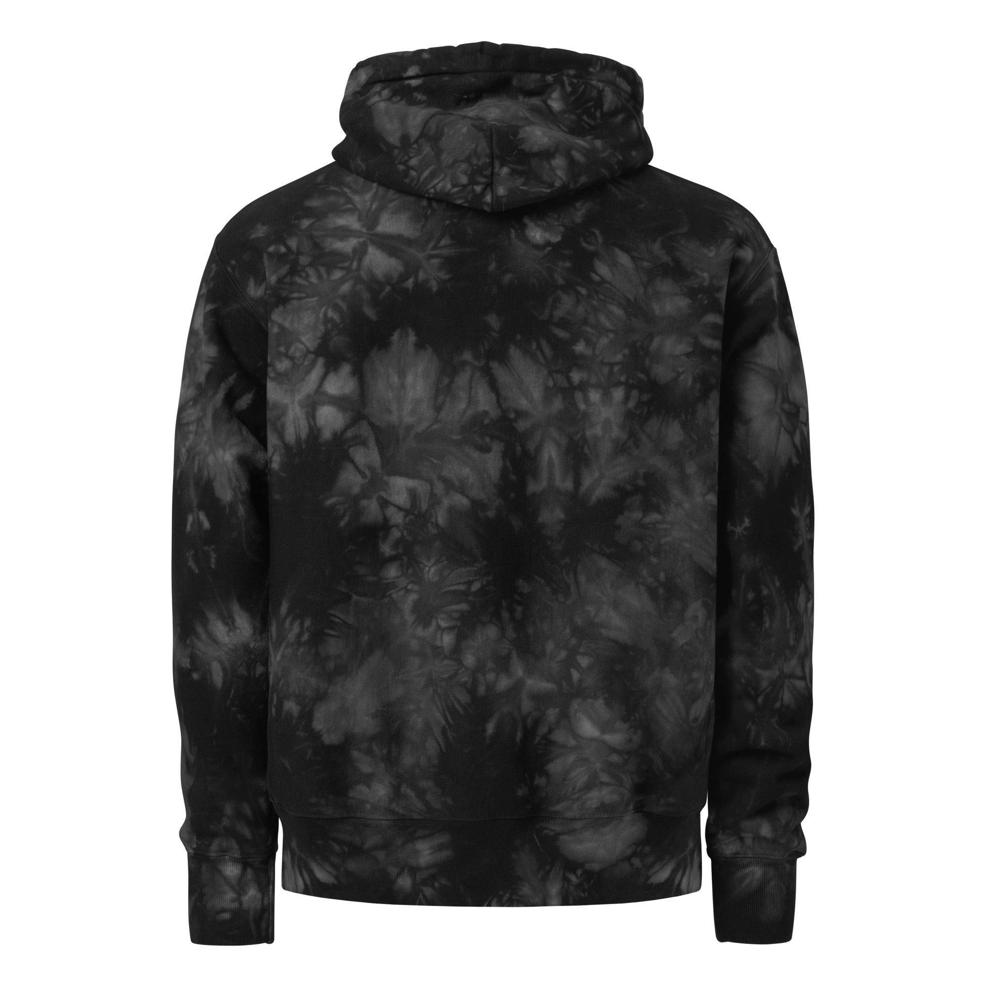 Unisex black Champion leak-dye hoodie by Leaky ts, featuring bold, uneven tie-dye pattern on the back.