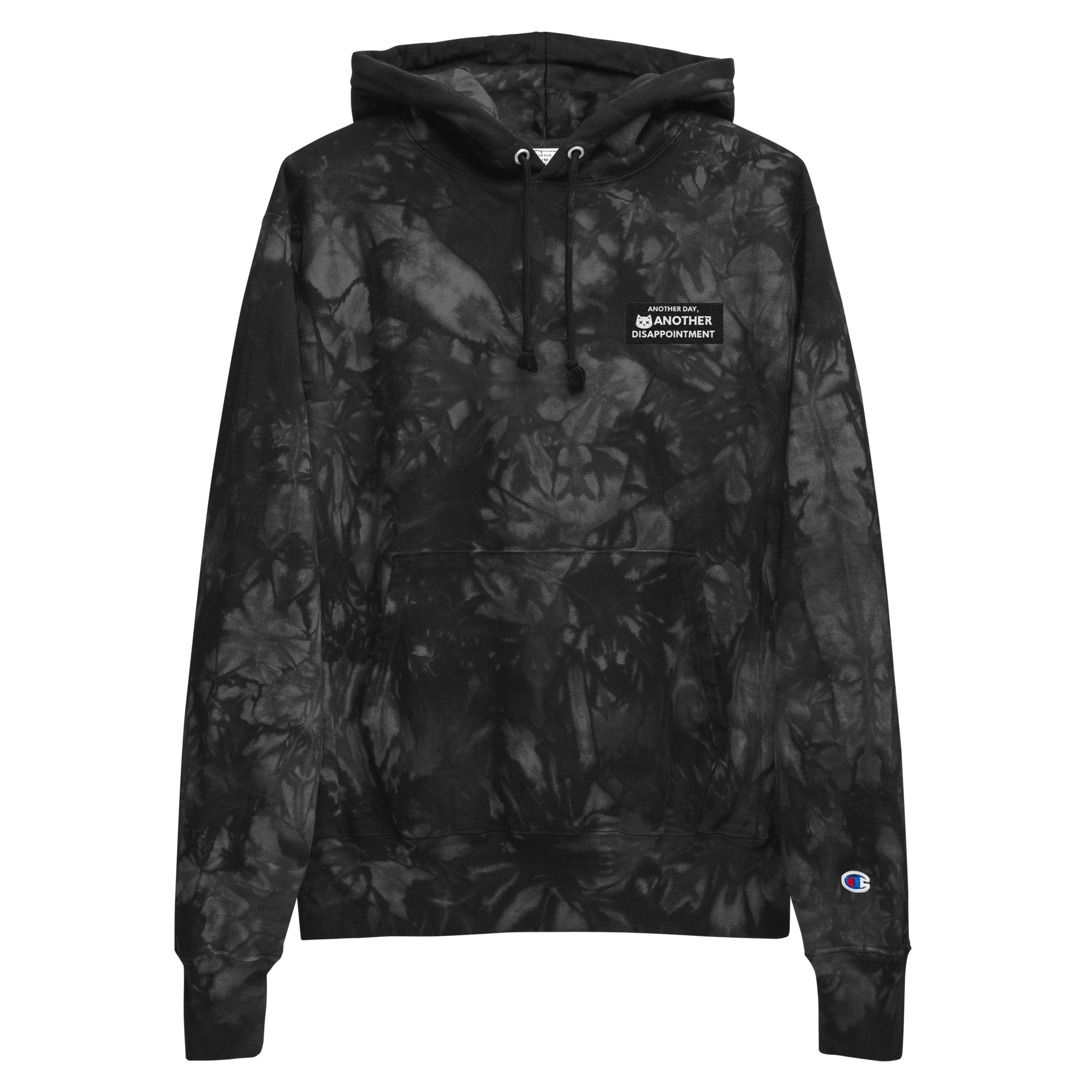 Unisex Champion Leak-Dye Hoodie by Leaky Ts featuring black tie-dye pattern and front design, casual and stylish for everyday wear.