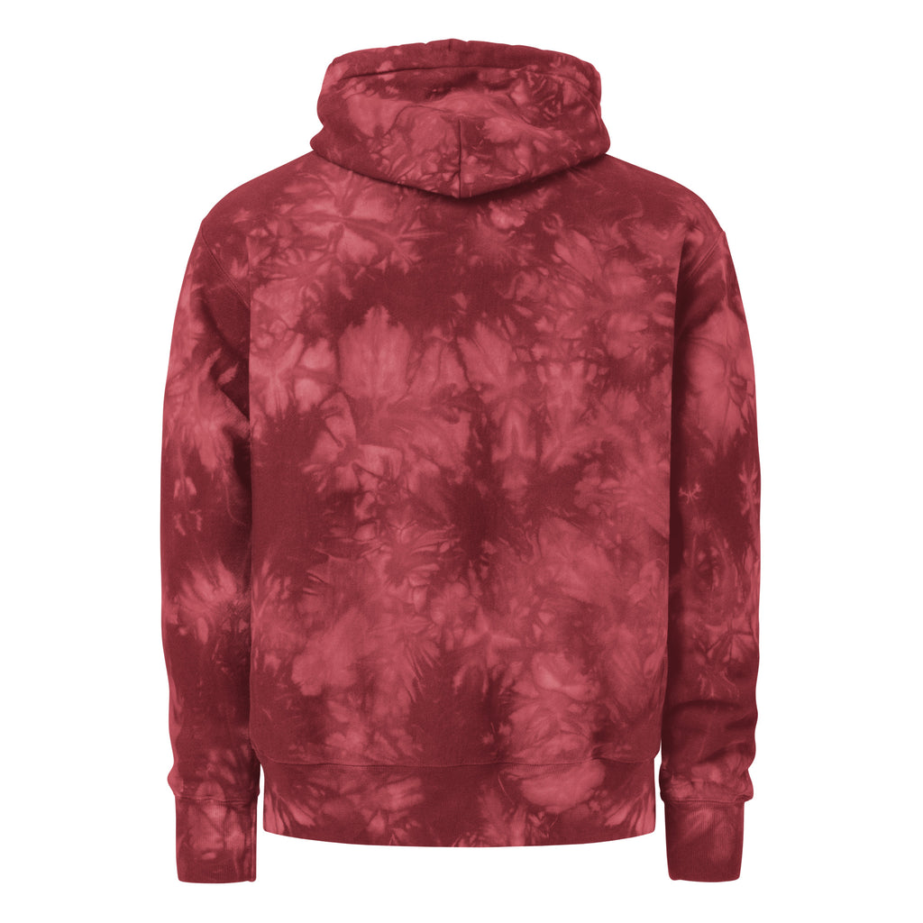 Leaky ts Champion leak-dye hoodie in mulled berry, unisex tie-dye sweatshirt with back design and relaxed fit.