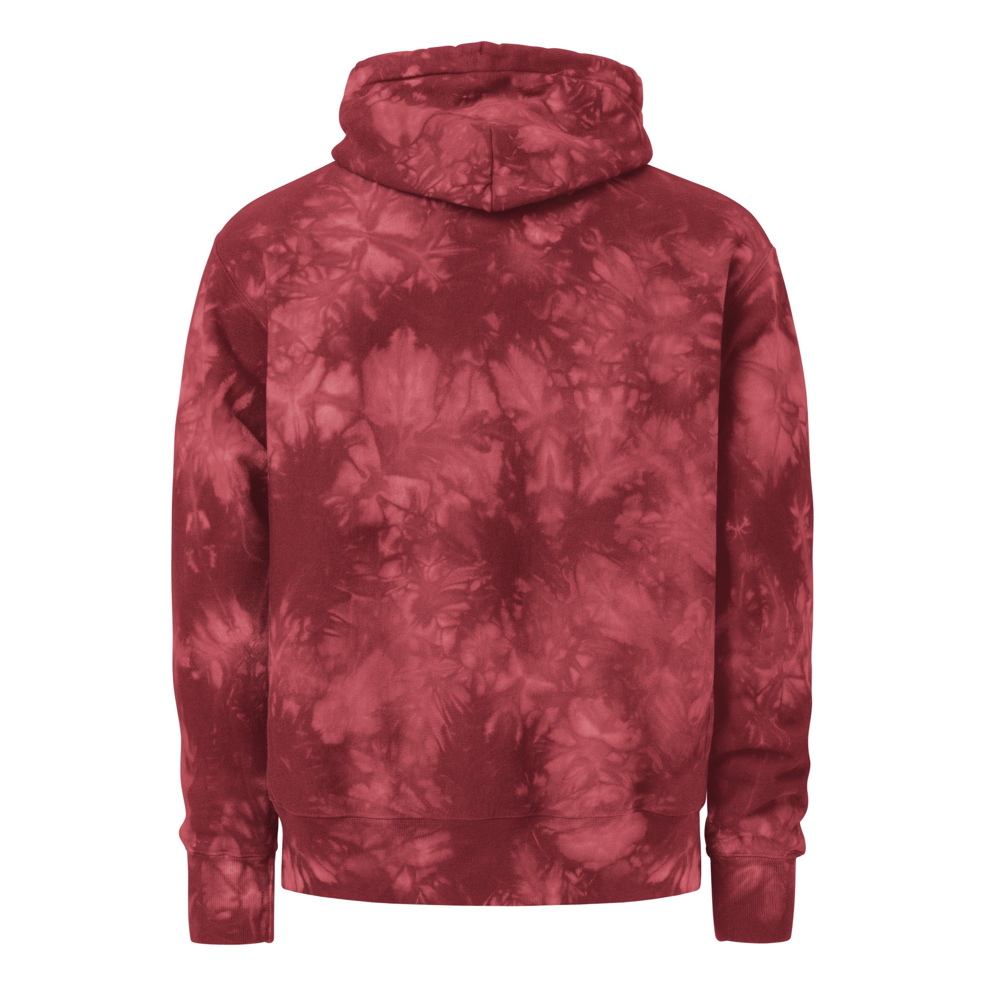 Leaky ts Champion leak-dye hoodie in mulled berry, unisex tie-dye sweatshirt with back design and relaxed fit.