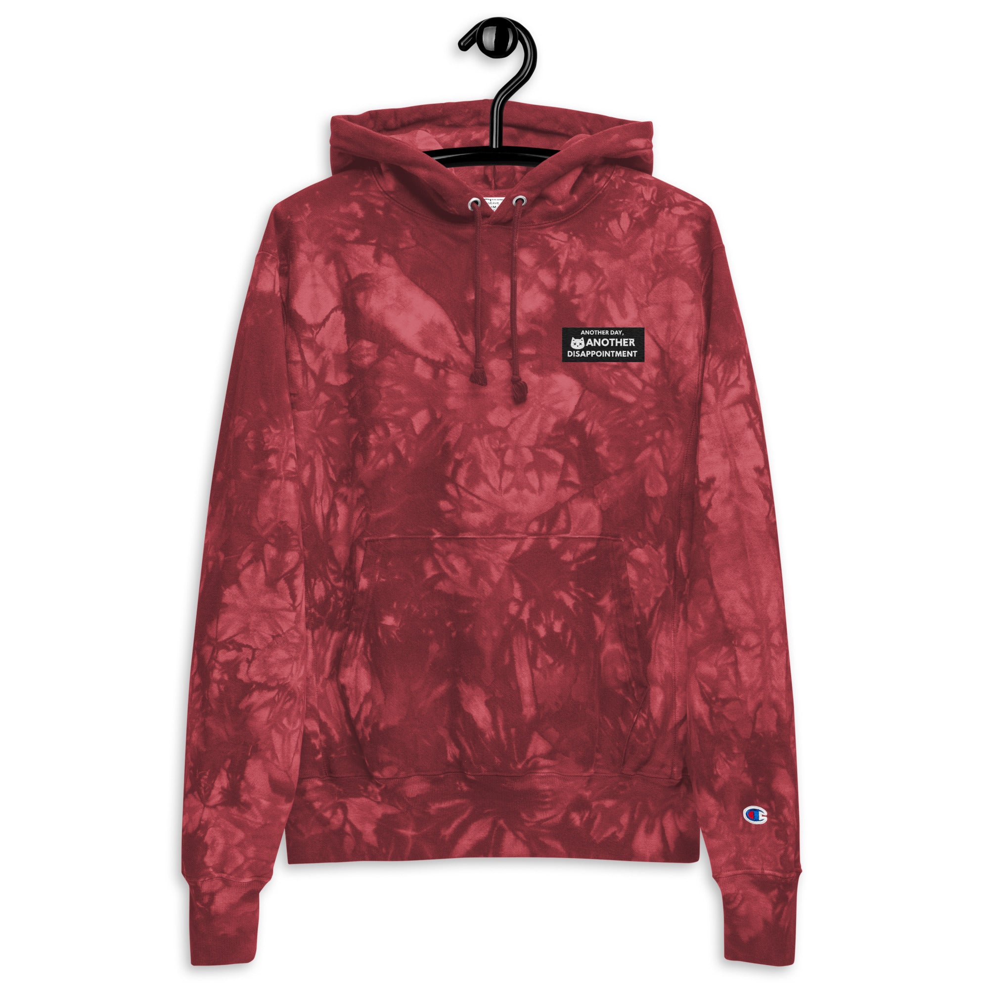 Leaky ts Champion Leak-Dye Hoodie in mulled berry, unisex tie-dye design with front view, showcasing vibrant colors and cozy fit.