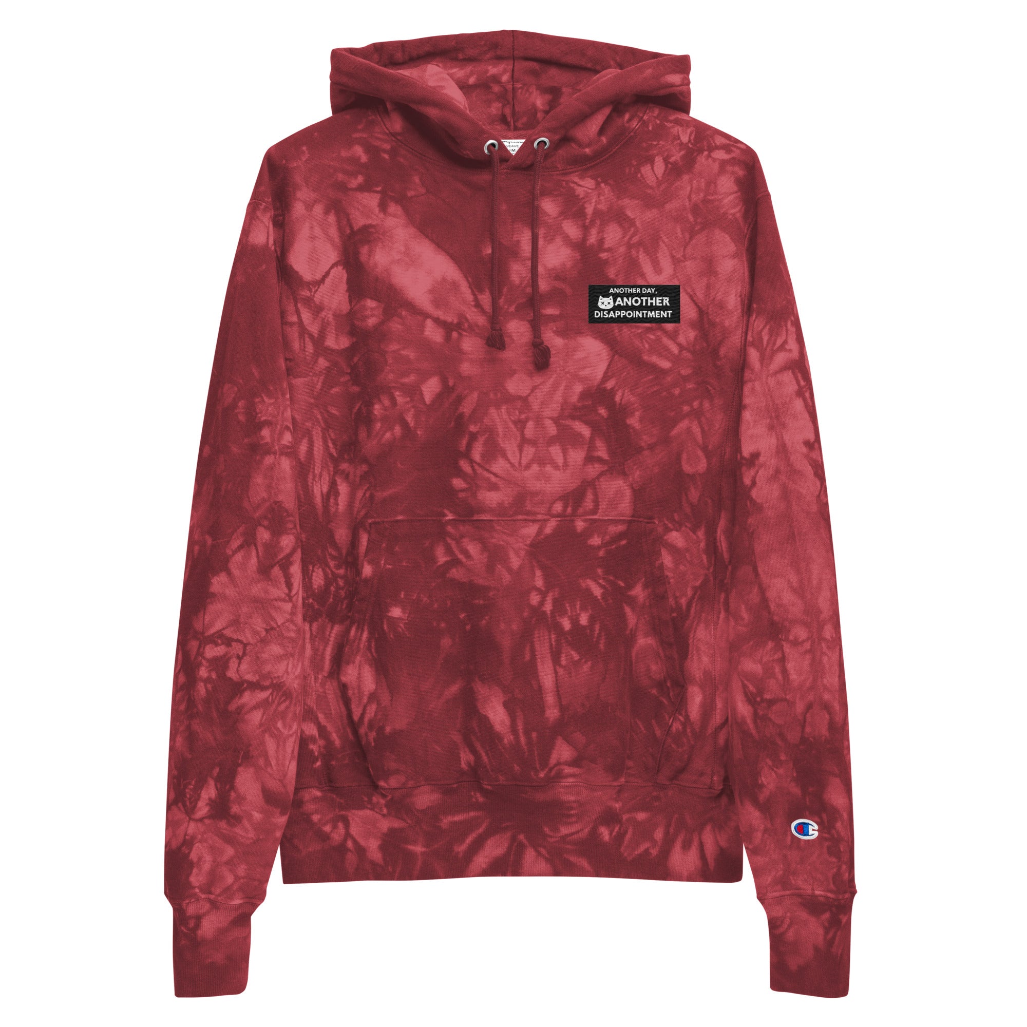 Leaky ts Champion leak-dye hoodie in mulled berry, unisex tie-dye design, front view showing vibrant, artistic pattern.