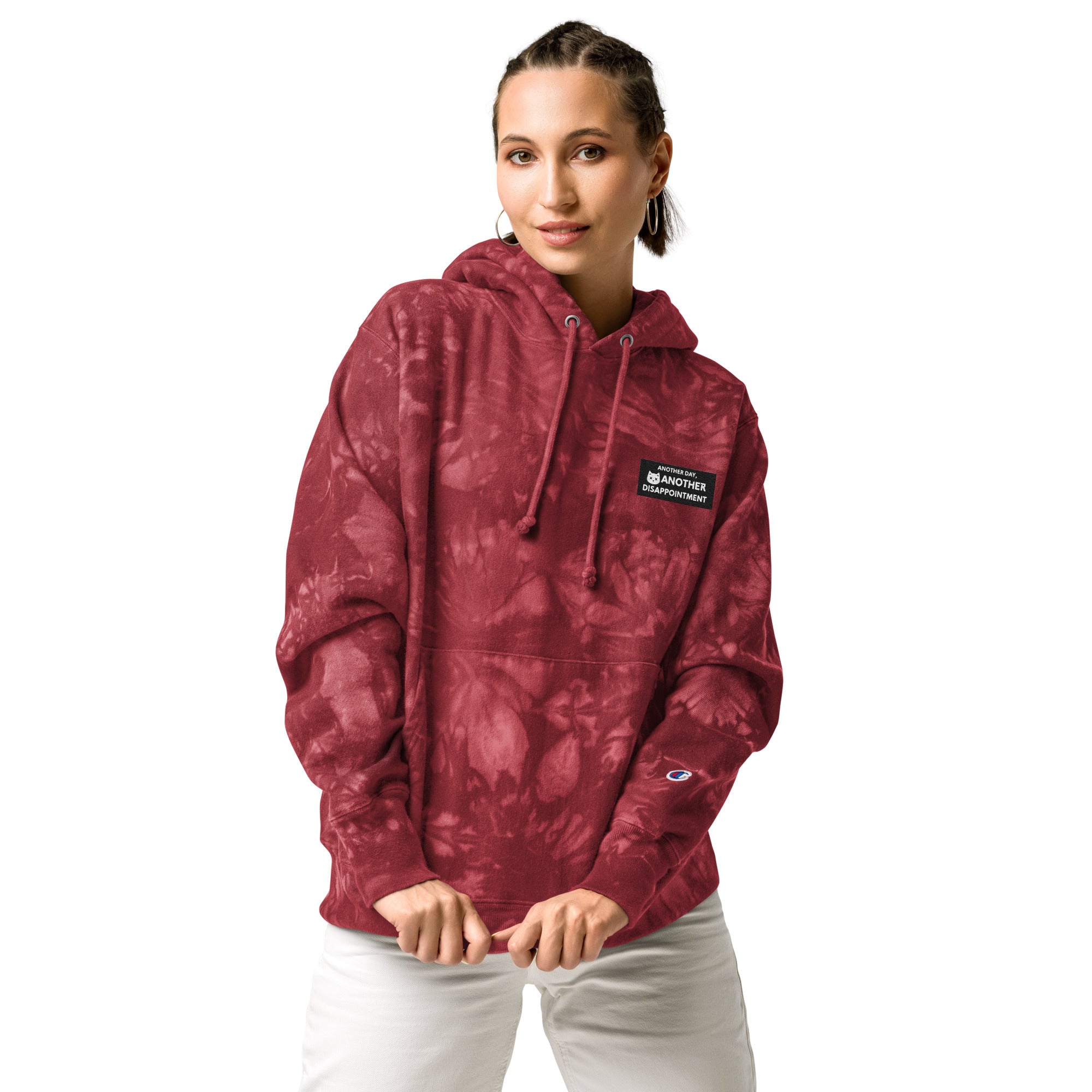 Leaky ts Champion Leak-Dye Hoodie in Mulled Berry, unisex tie-dye sweatshirt with front design and relaxed fit.