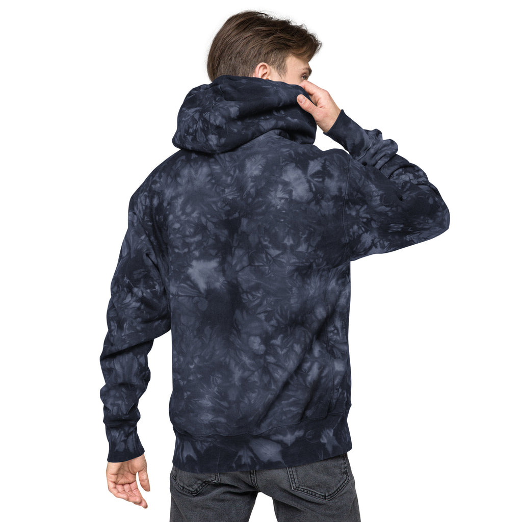 Leaky ts Champion Leak-Dye Hoodie in navy, unisex tie-dye design with a relaxed fit and bold color pattern.