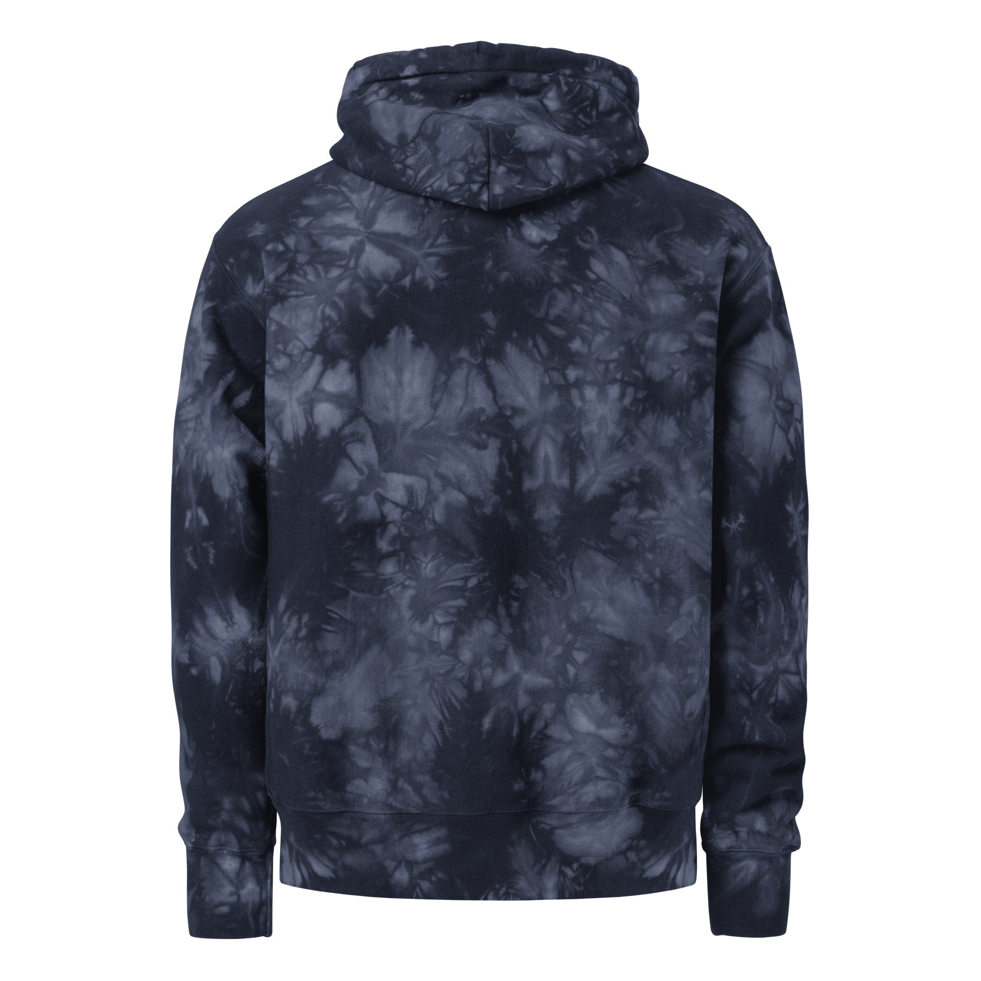 Unisex Champion Leak-Dye Hoodie by Leaky ts featuring navy tie-dye pattern and relaxed fit, back view.