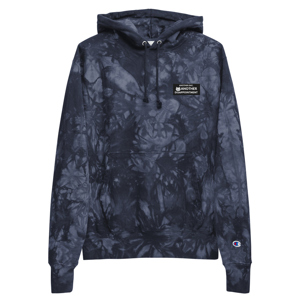 Leaky ts Champion Leak-Dye Hoodie in navy, unisex tie-dye design with front view showing vibrant, artistic leak-style dye pattern.