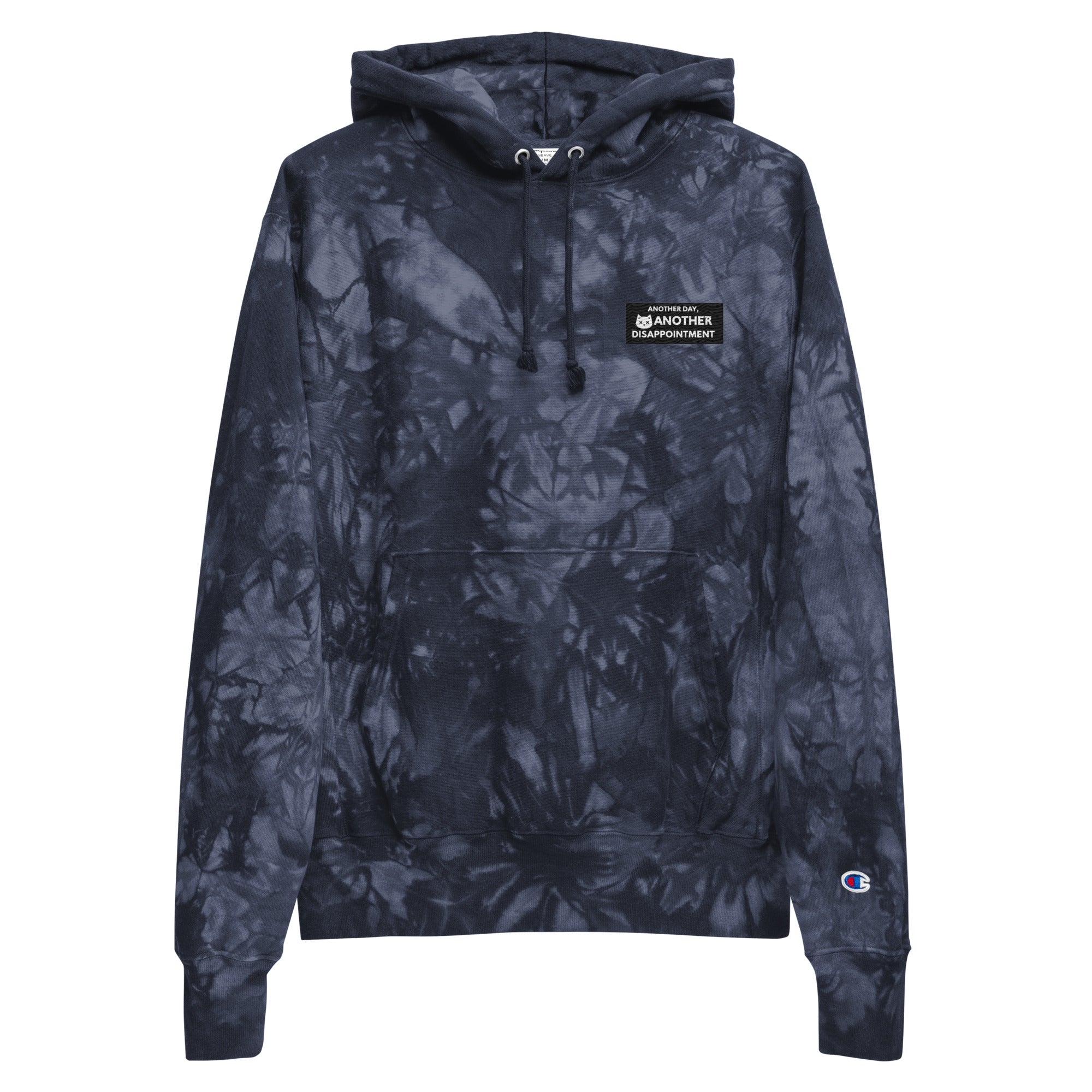 Leaky ts Champion Leak-Dye Hoodie in navy, unisex tie-dye design with front view showing vibrant, artistic leak-style dye pattern.