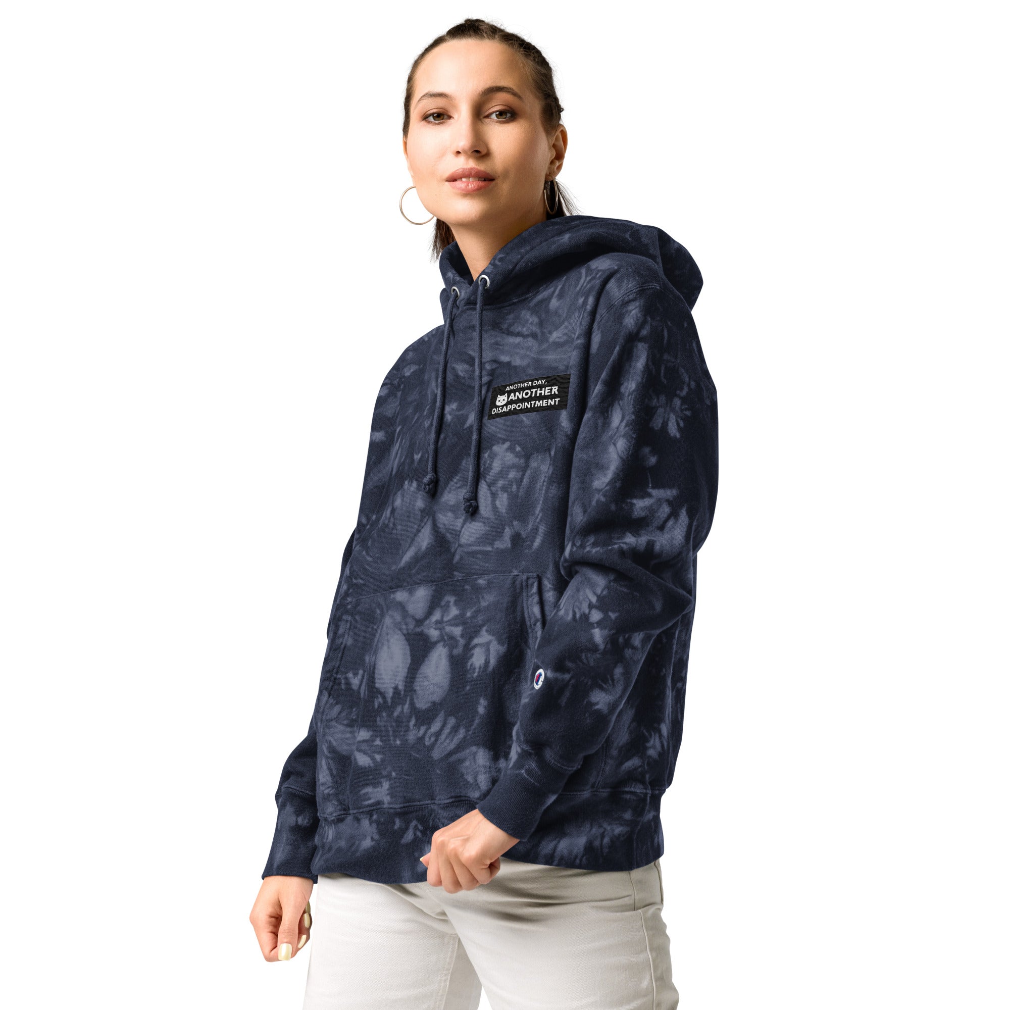 Leaky ts Champion Leak-Dye Hoodie in navy, unisex tie-dye design with front logo, casual and stylish for everyday wear.