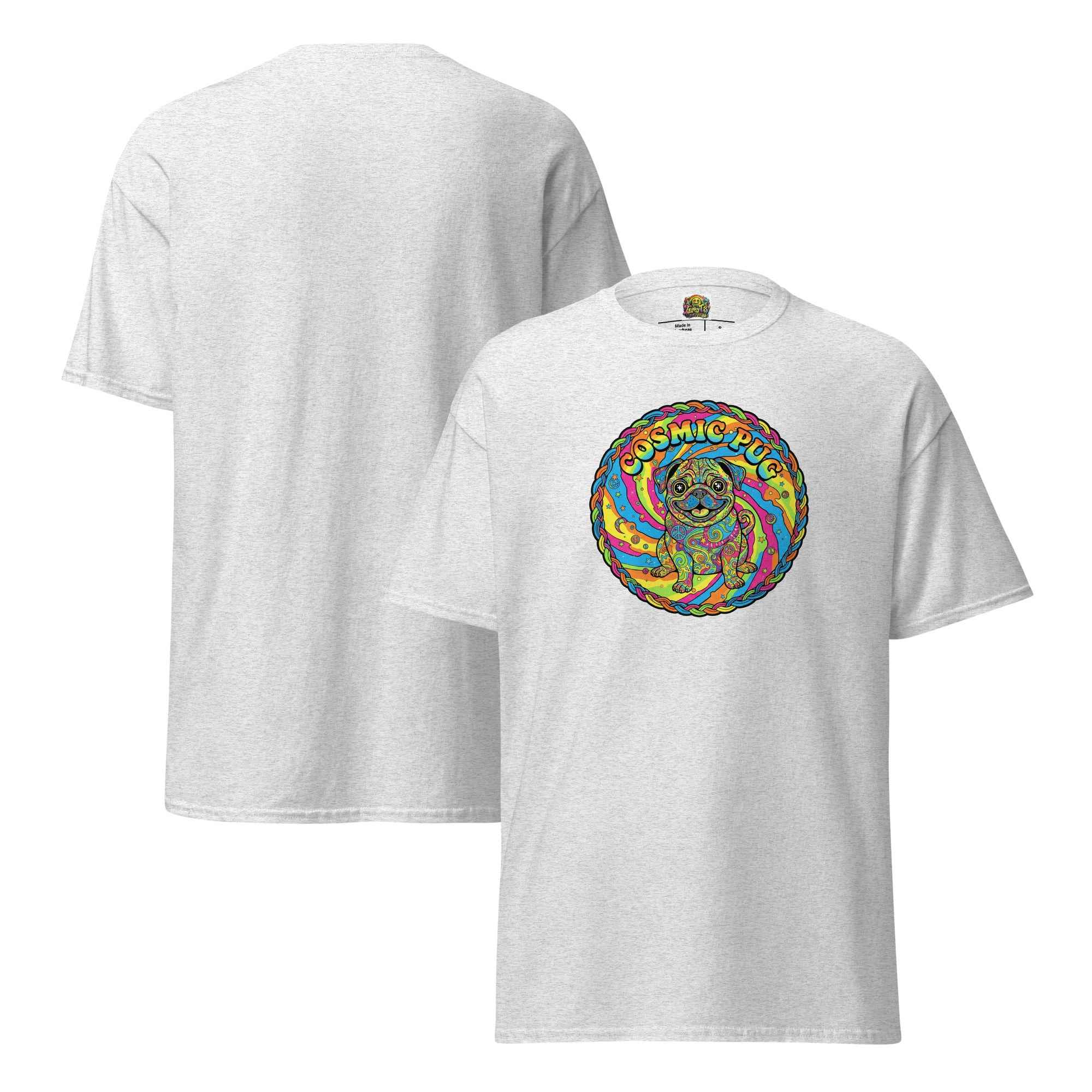 Leaky Ts Cosmic Pug unisex classic tee in ash, front and back view showcasing the graphic design on the casual t-shirt.