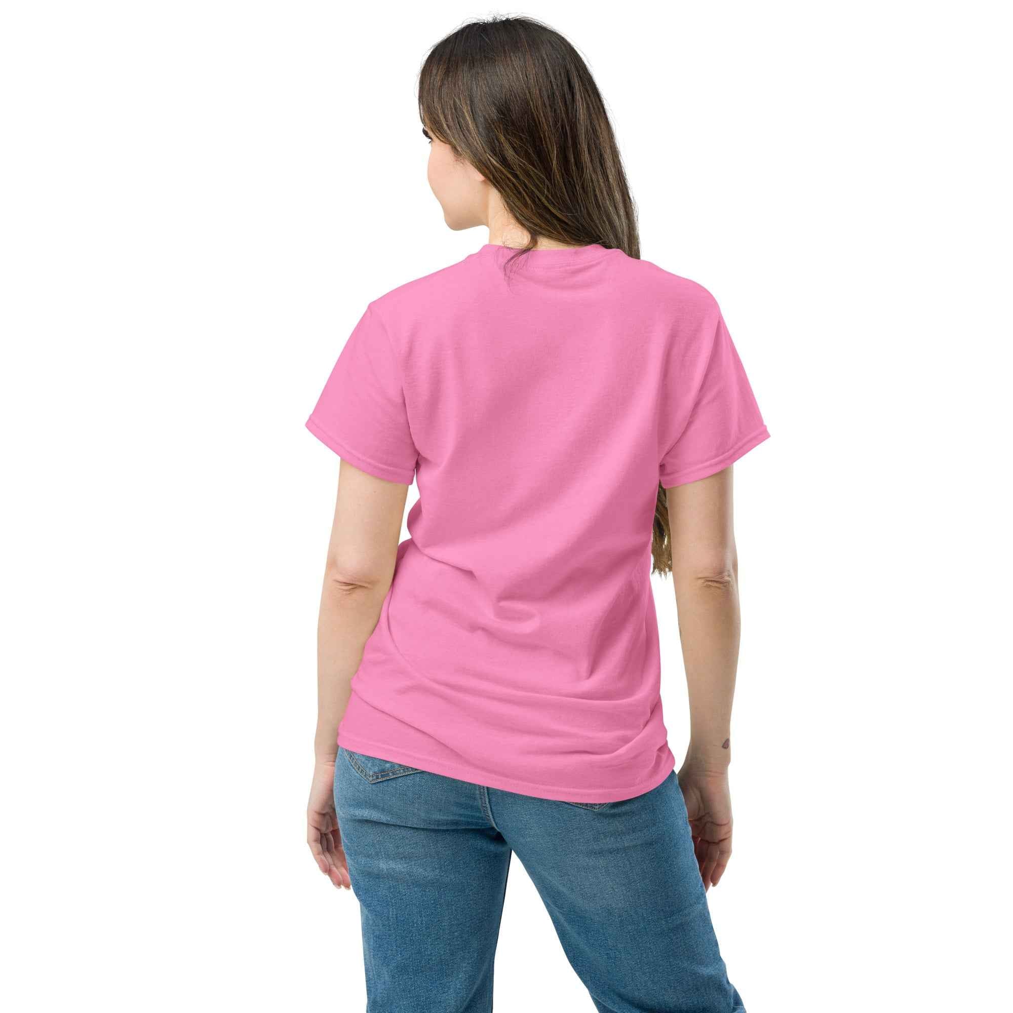Unisex classic T-shirt by Leaky Ts featuring a back design in azalea color, casual fit and soft cotton fabric.