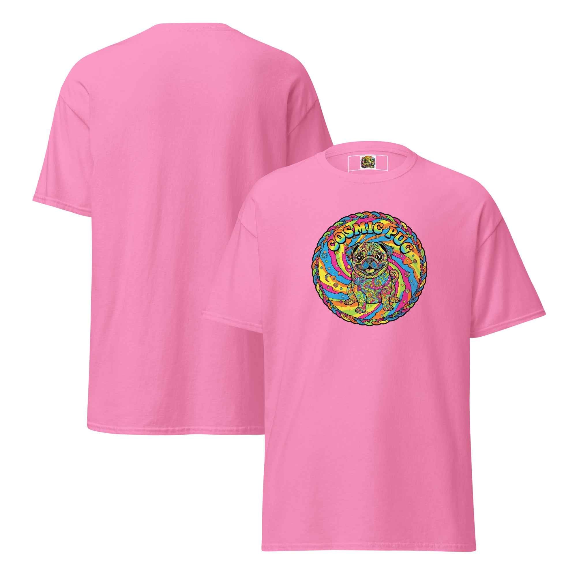 Leaky TS Cosmic Pug Unisex Classic Tee in Azalea, front and back view showing pug graphic design on soft cotton fabric.