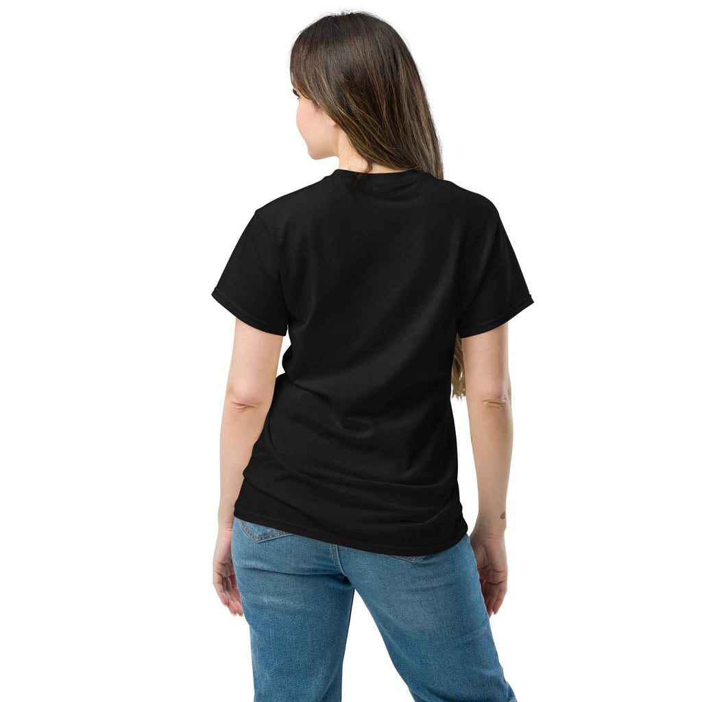 Black unisex classic tee by Leaky TS featuring a simple design on the back. Casual cotton shirt for everyday wear.