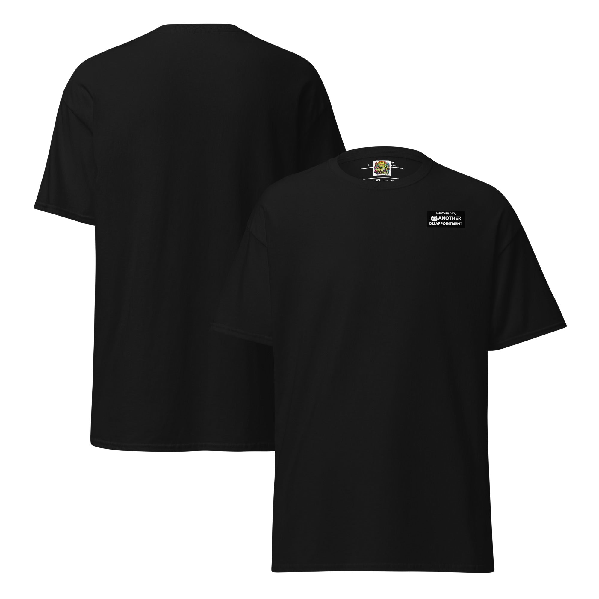 Black Unisex Classic Tee by Leaky TS, front and back view, featuring simple, casual design and comfortable fit.