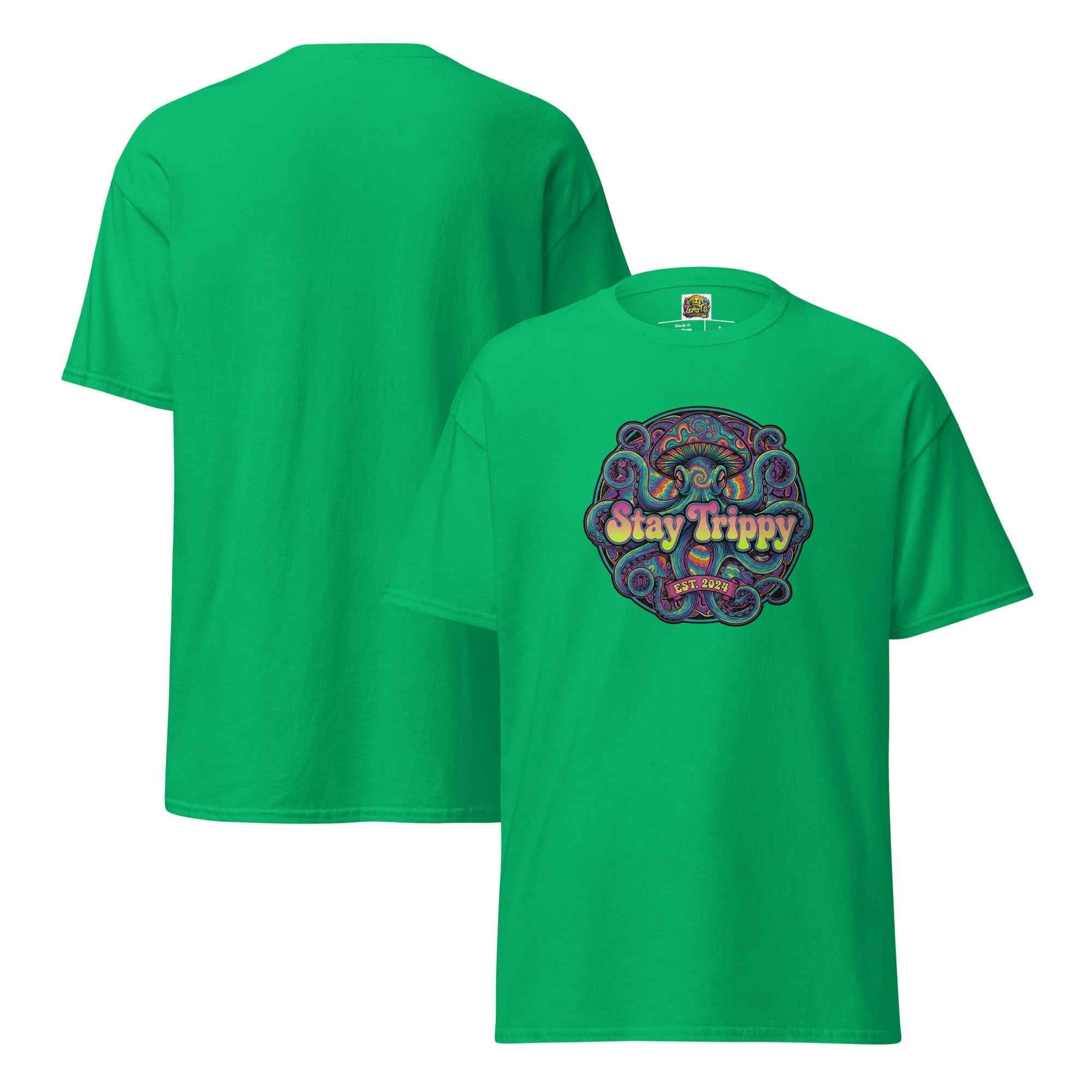 Leaky Ts Stay Trippy unisex classic tee in Irish green, front and back view showing relaxed fit and graphic design.