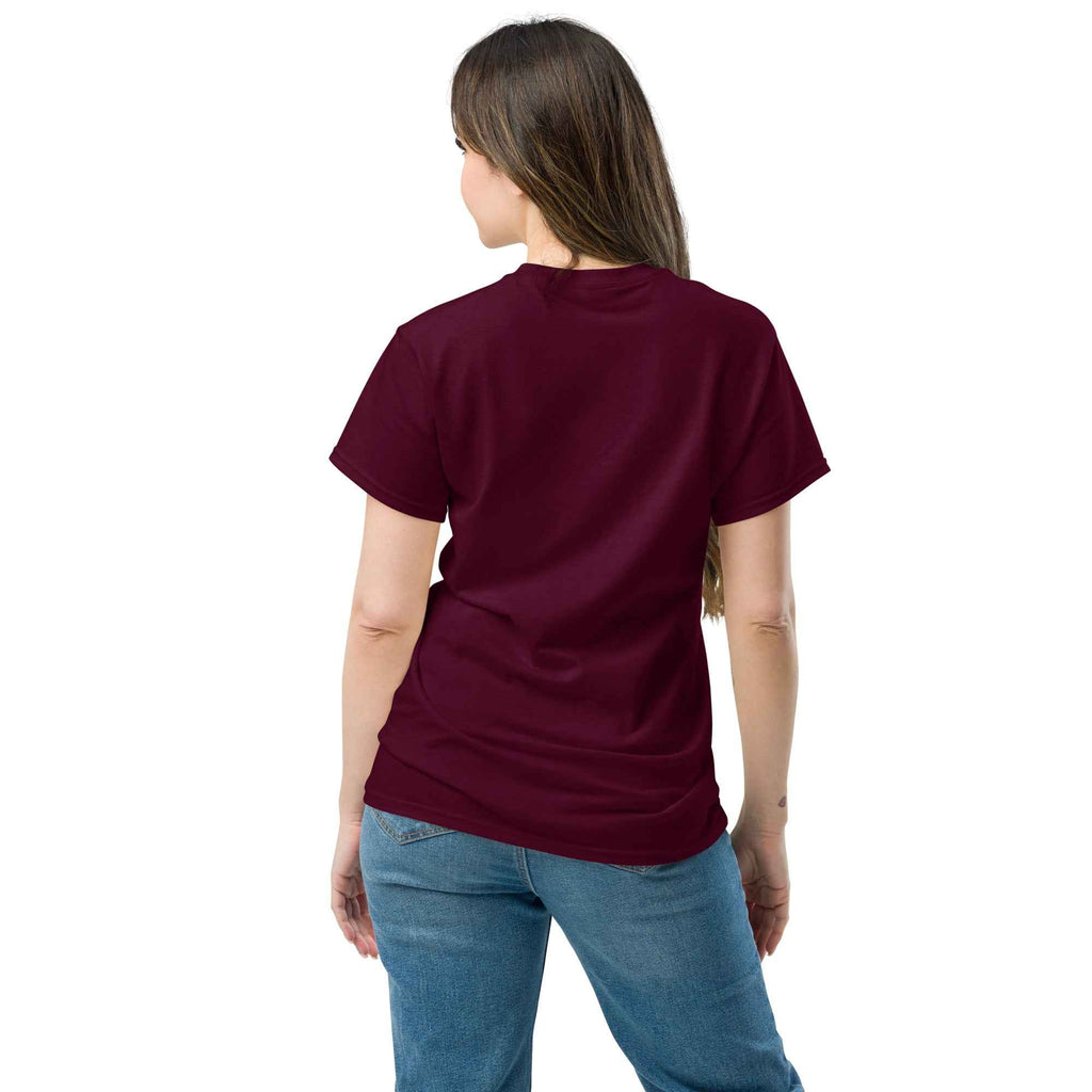 Maroon unisex classic T-shirt by Leaky TS, shown from the back with a simple, relaxed fit and crew neckline.