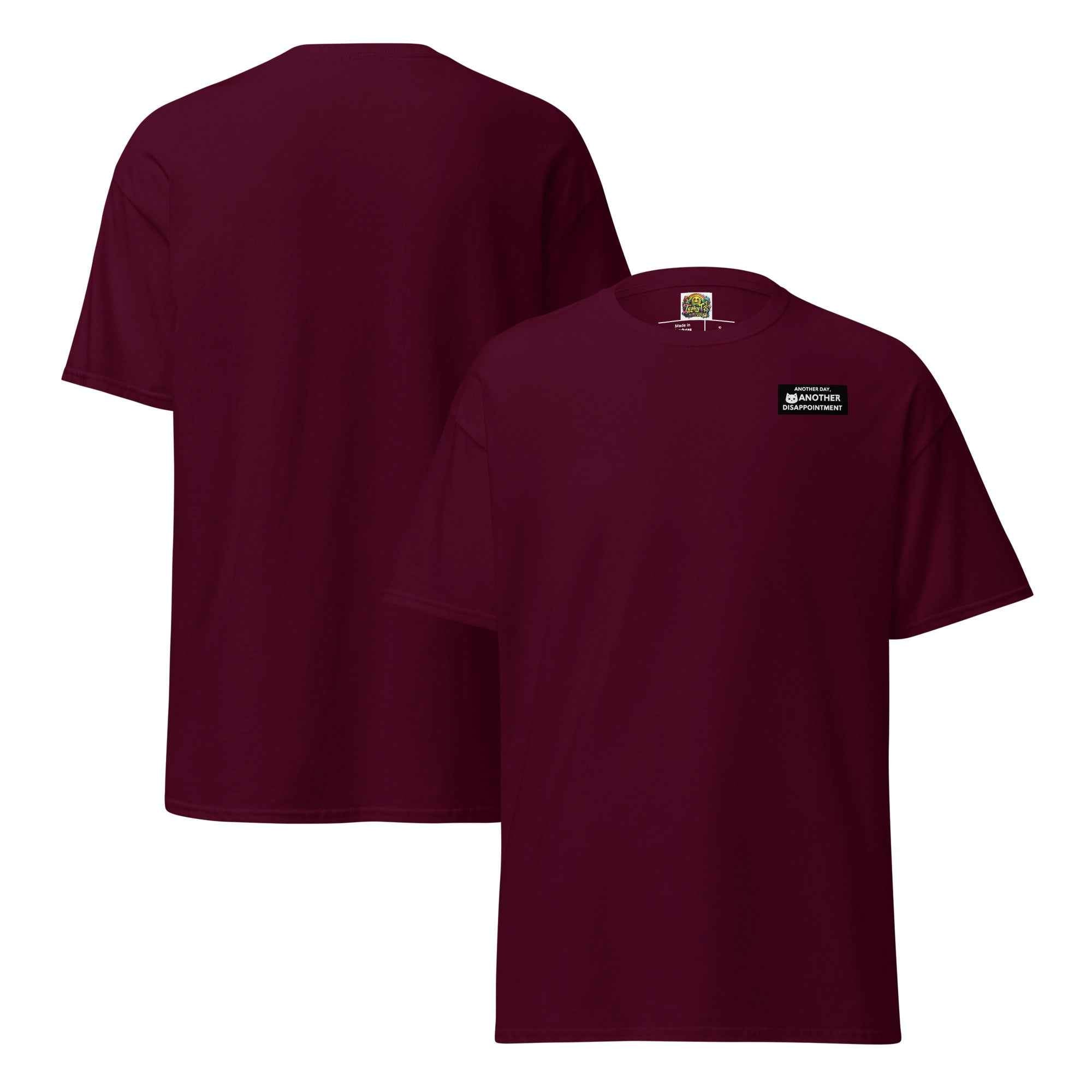 Leaky TS unisex classic maroon t-shirt with front and back design, casual fit, suitable for everyday wear.