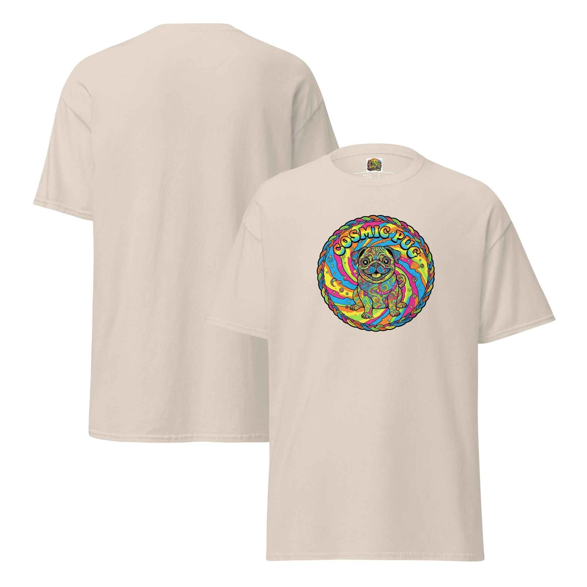 Leaky Ts Cosmic Pug unisex classic T-shirt shown from front and back, featuring a cosmic pug graphic on natural-colored cotton tee.