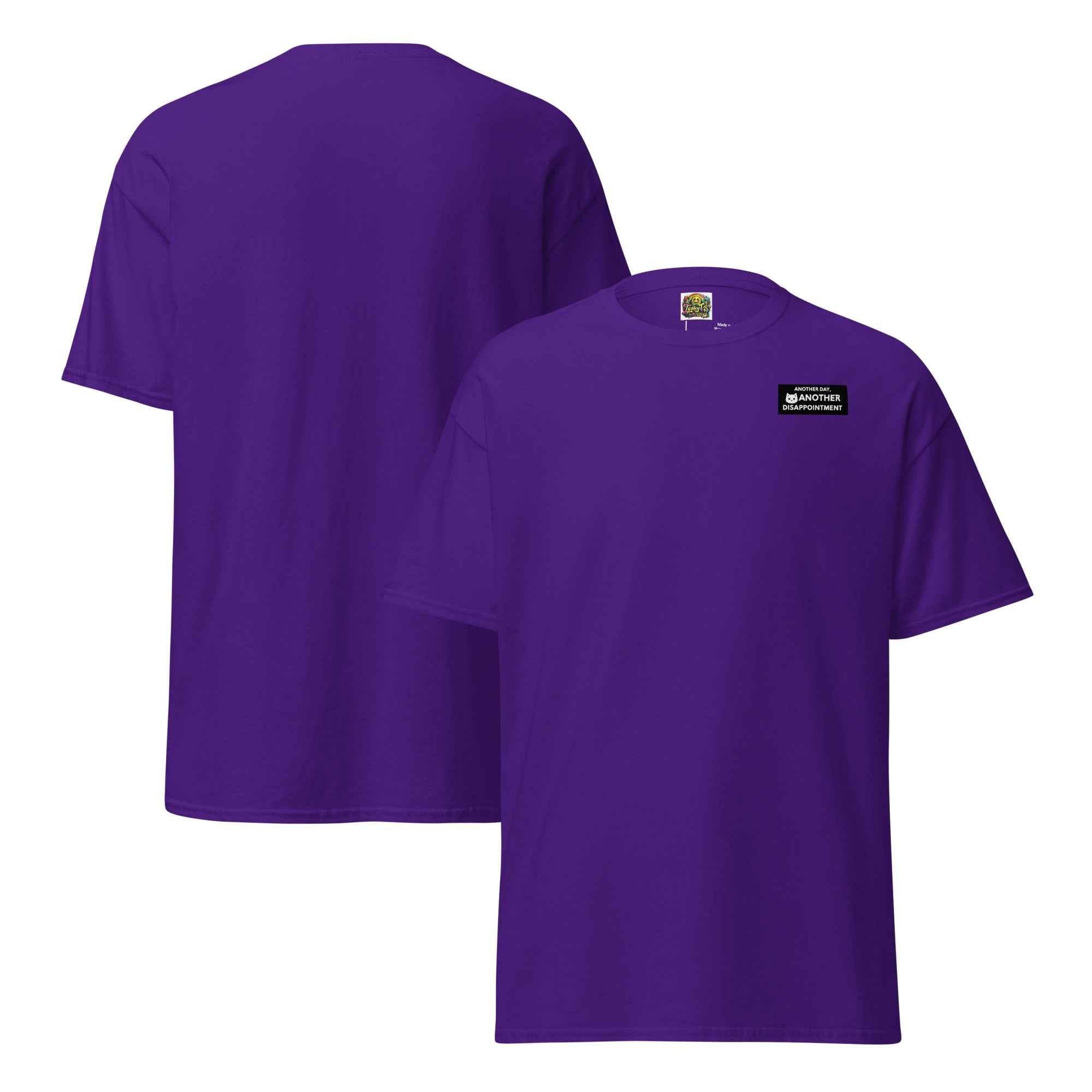 Unisex purple classic T-shirt by Leaky TS showing front and back views, casual fit with simple design.