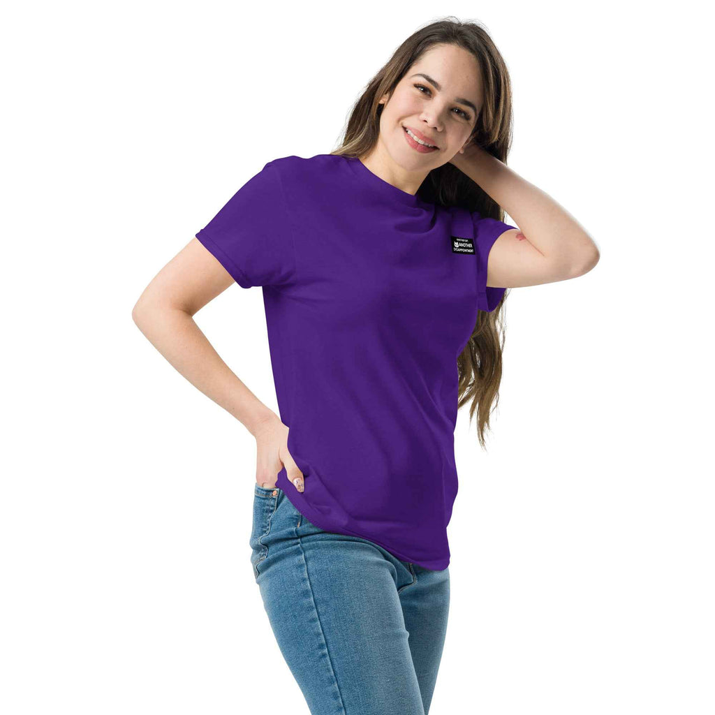 Purple unisex classic tee by Leaky Ts, showing the front left side with a simple, relaxed fit and soft fabric.