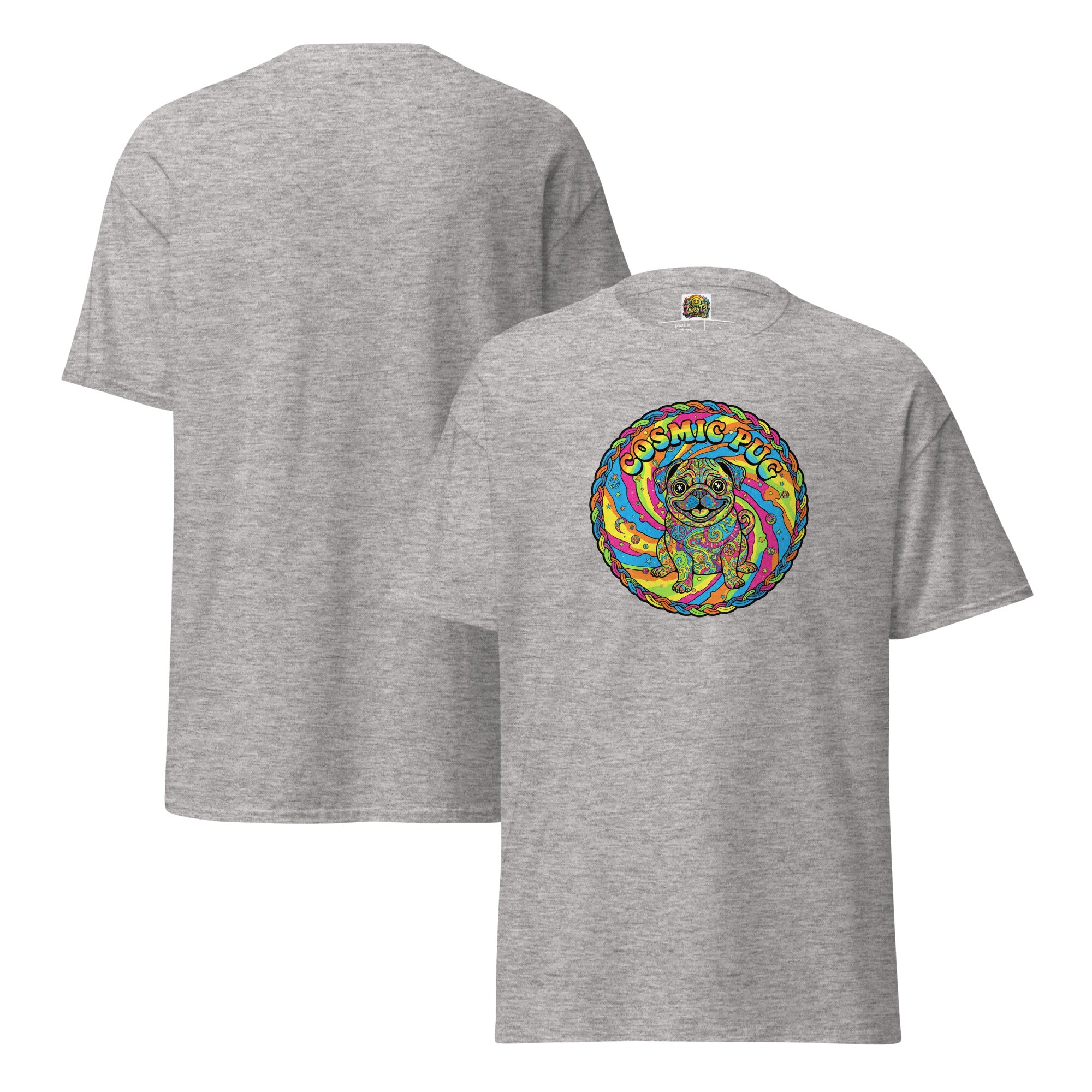 Leaky T's Cosmic Pug unisex classic T-shirt in sport grey, front and back views showing graphic design and comfortable fit.