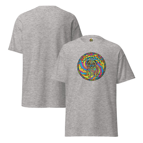 Leaky T's Cosmic Pug unisex classic T-shirt in sport grey, front and back views showing graphic design and comfortable fit.