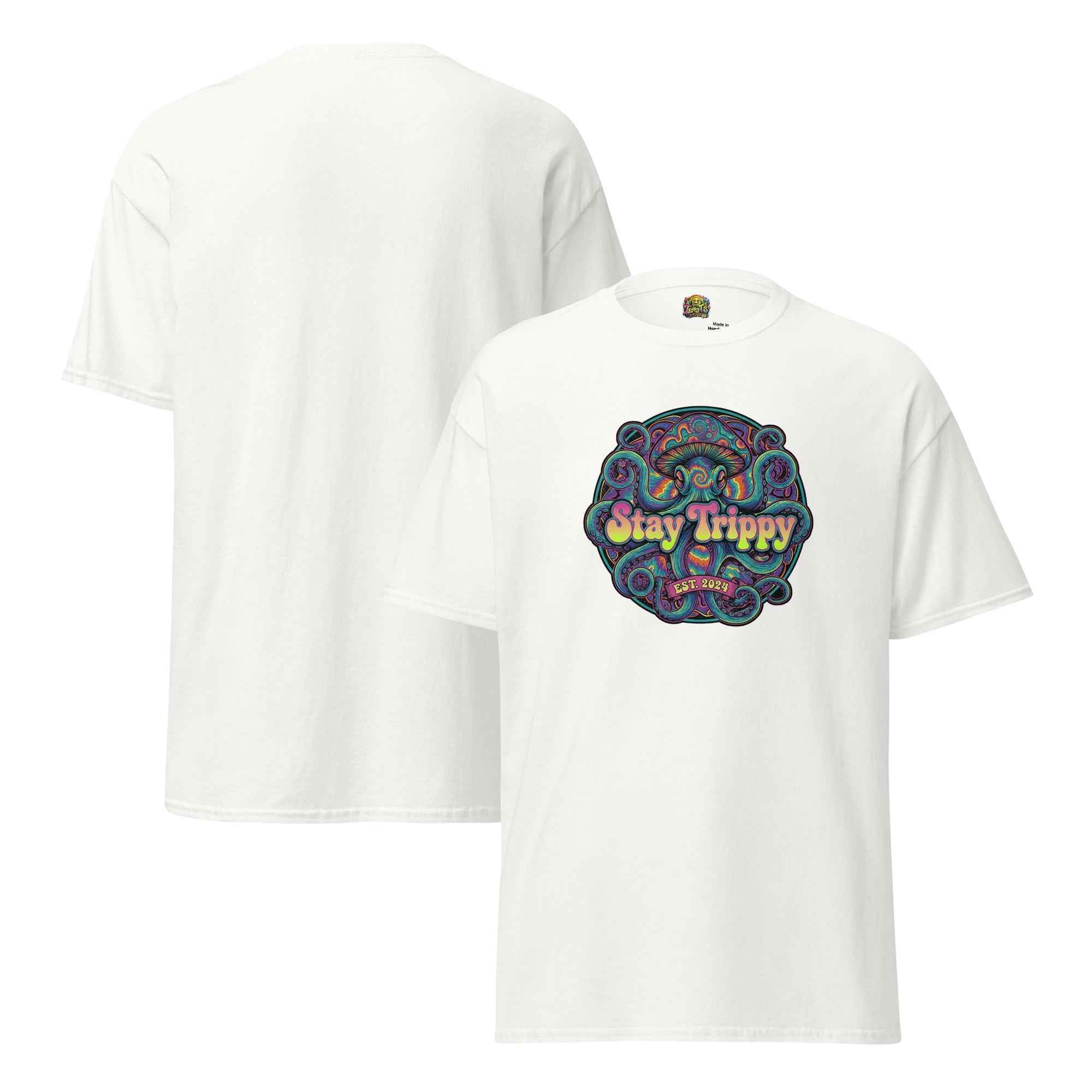 White unisex classic T-shirt from Leaky Ts UK, front and back view showing simple design and fit.