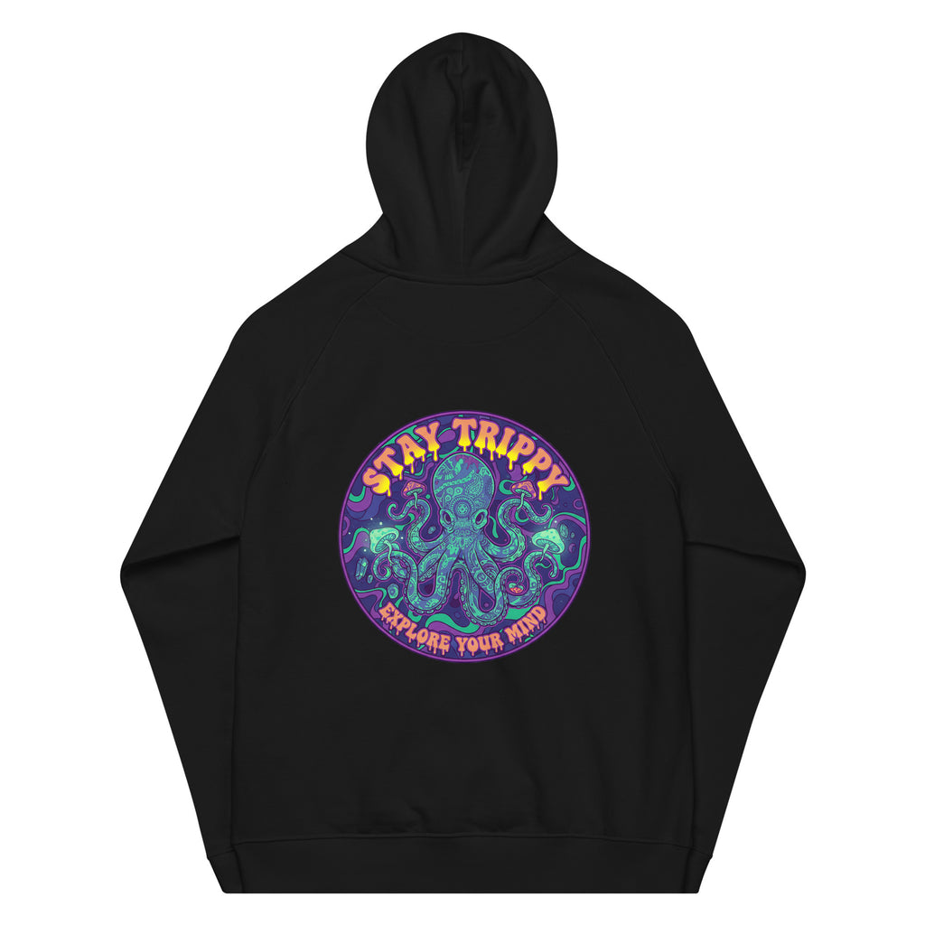 Unisex black eco raglan hoodie from Leaky TS featuring a "Stay Trippy - Explore Your Mind" graphic on the back.