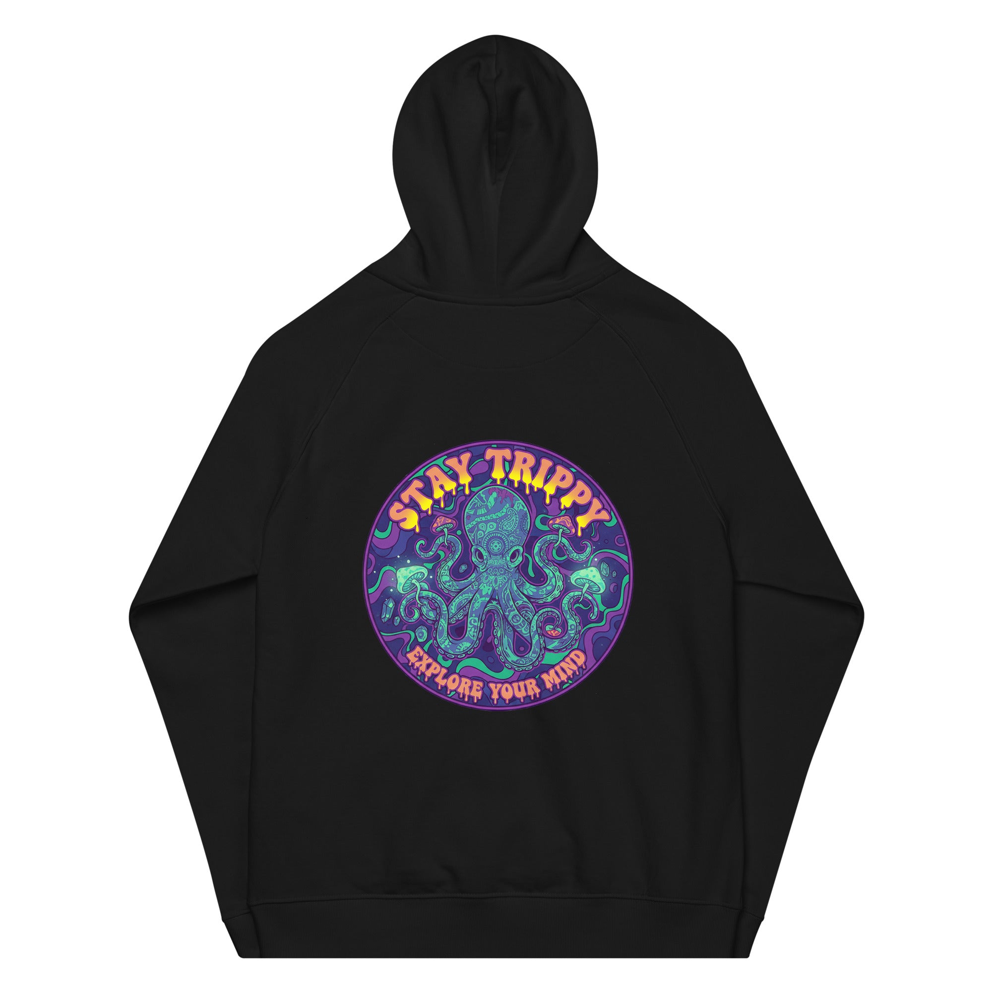 Unisex black eco raglan hoodie from Leaky TS featuring a "Stay Trippy - Explore Your Mind" graphic on the back.