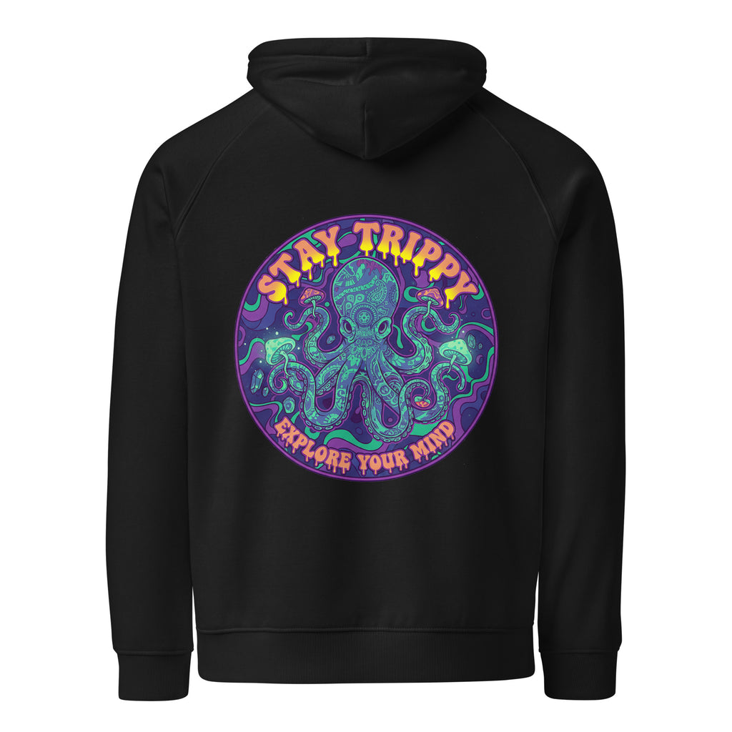 Unisex black eco raglan hoodie featuring the "Stay Trippy - Explore Your Mind" design by Leaky TS, shown from the back.