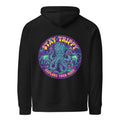 Unisex black eco raglan hoodie featuring the "Stay Trippy - Explore Your Mind" design by Leaky TS, shown from the back.