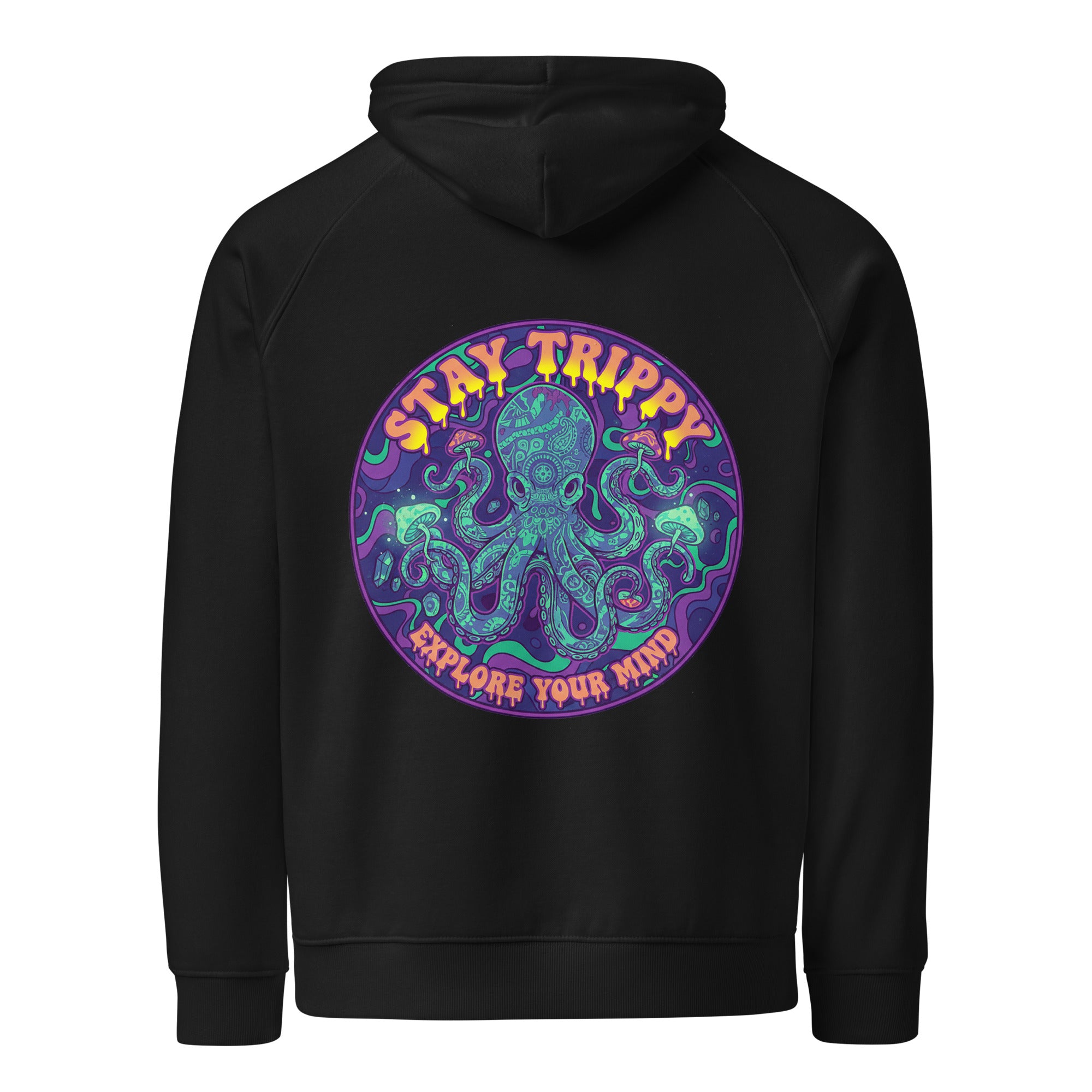 Unisex black eco raglan hoodie featuring the "Stay Trippy - Explore Your Mind" design by Leaky TS, shown from the back.