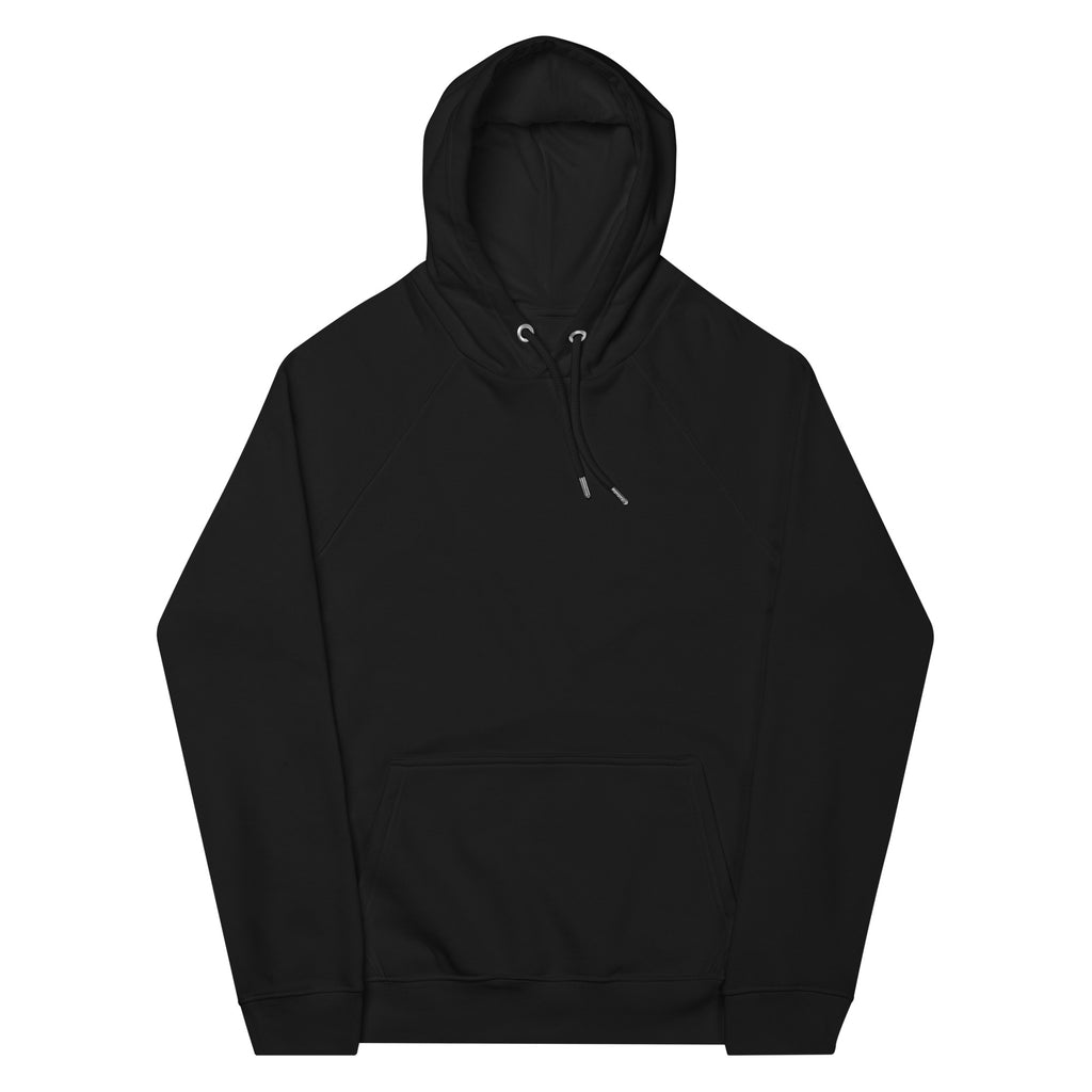 Leaky TS unisex eco raglan hoodie in black featuring the "Stay Trippy - Explore Your Mind" design on front.